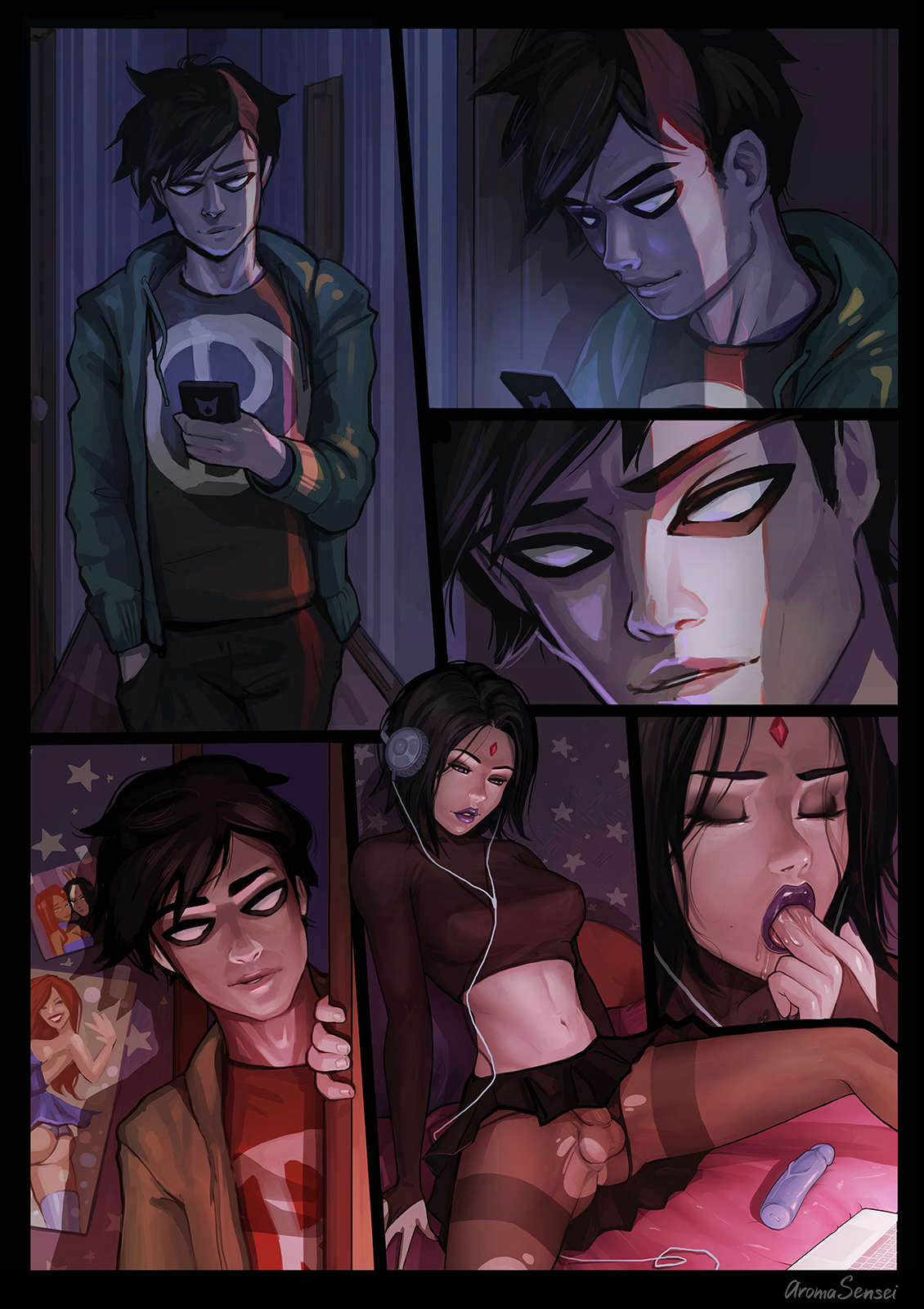 1boy, 1futa, 1girls, aroma sensei, ass, balls, balls under clothes, breasts, cleavage, comic, curvy, dc, dc comics, dick grayson, erect nipples, erection, erection under clothes, erection under skirt, female, futa sans pussy, futa with female, futa with male, futanari, intersex, large ass, large breasts, male, male with female, nipple bulge, nipples, panties, penis, penis bulge, penis under clothes, penis under skirt, rachel roth, raven (dc), realistic, robin (dc), robin (dick grayson), skirt, skirt lift, teen titans, tenting, unaware, voyeur, wide hips