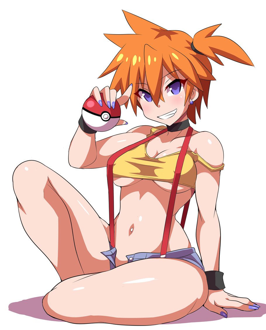 1girls, anime style, breasts, cleavage, female, female only, human, human only, kasumi (pokemon), konno tohiro, looking at viewer, nintendo, pokemon, short shorts, shorts, solo, solo female, thick thighs, wide hips
