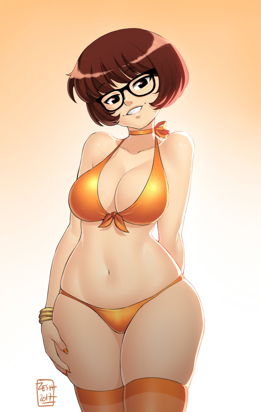 1girls, artist name, bikini, bob cut, breasts, brown hair, cleavage, curvy, female, female only, glasses, hanna-barbera, light skin, light-skinned female, looking at viewer, pale skin, pale-skinned female, scooby-doo, smile, solo, thick thighs, thighhighs, velma dinkley, watermark, zeshgolden
