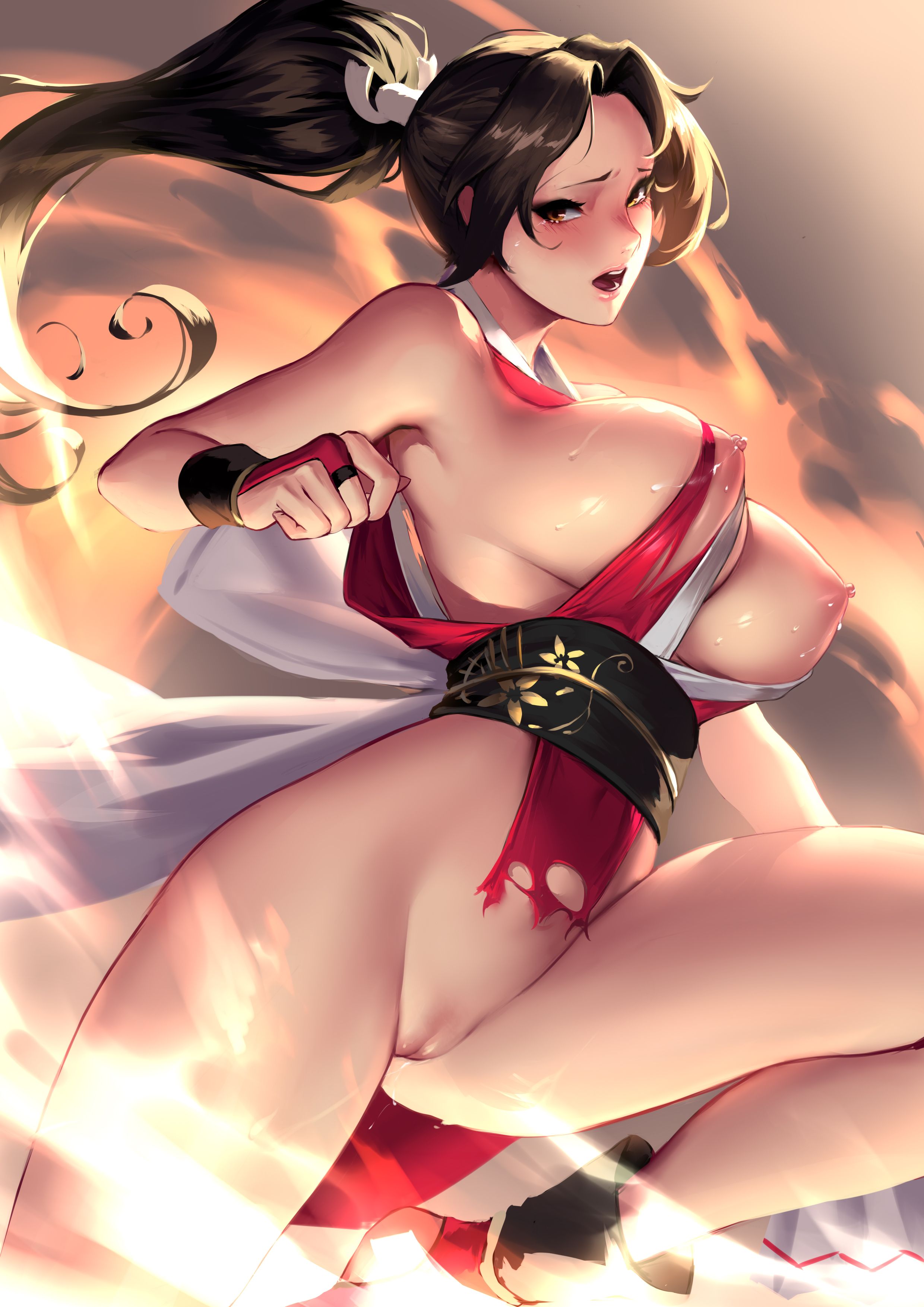 absurdres, areolae, big breasts, breasts, cianyo, fatal fury, female, female only, highres, king of fighters, lactation, large breasts, mai shiranui, nipples, pussy, solo, spread legs