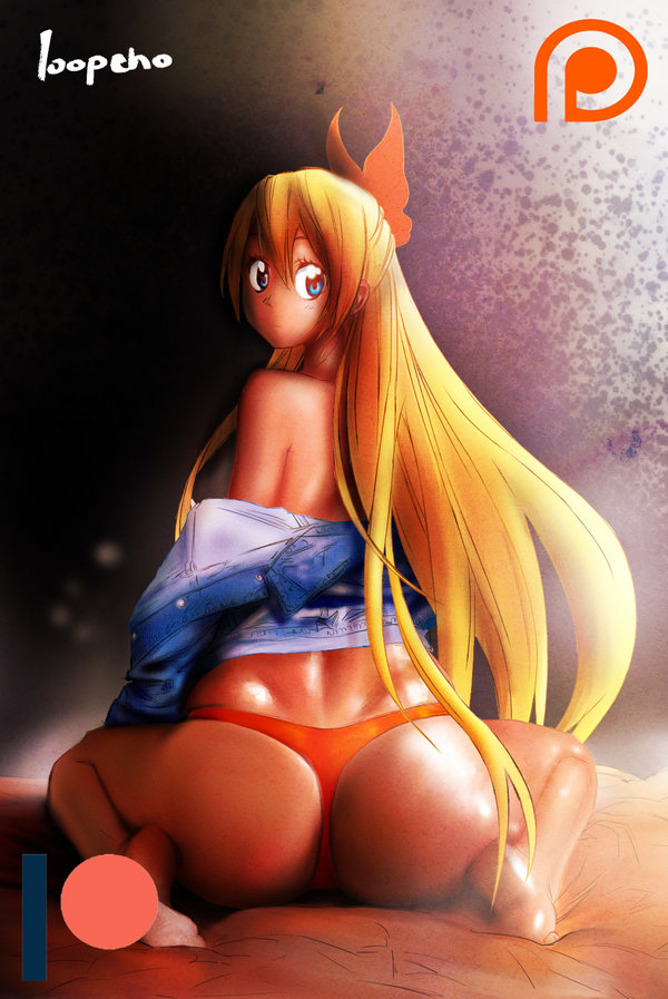 ass back_view blonde_hair blue_eyes female hair_bow jacket_off_shoulders jean_jacket kirisaki_chitoge kneeling long_blonde_hair long_hair looking_back looking_back_at_viewer loopeho86 nisekoi patreon_logo sitting_on_bed solo thong