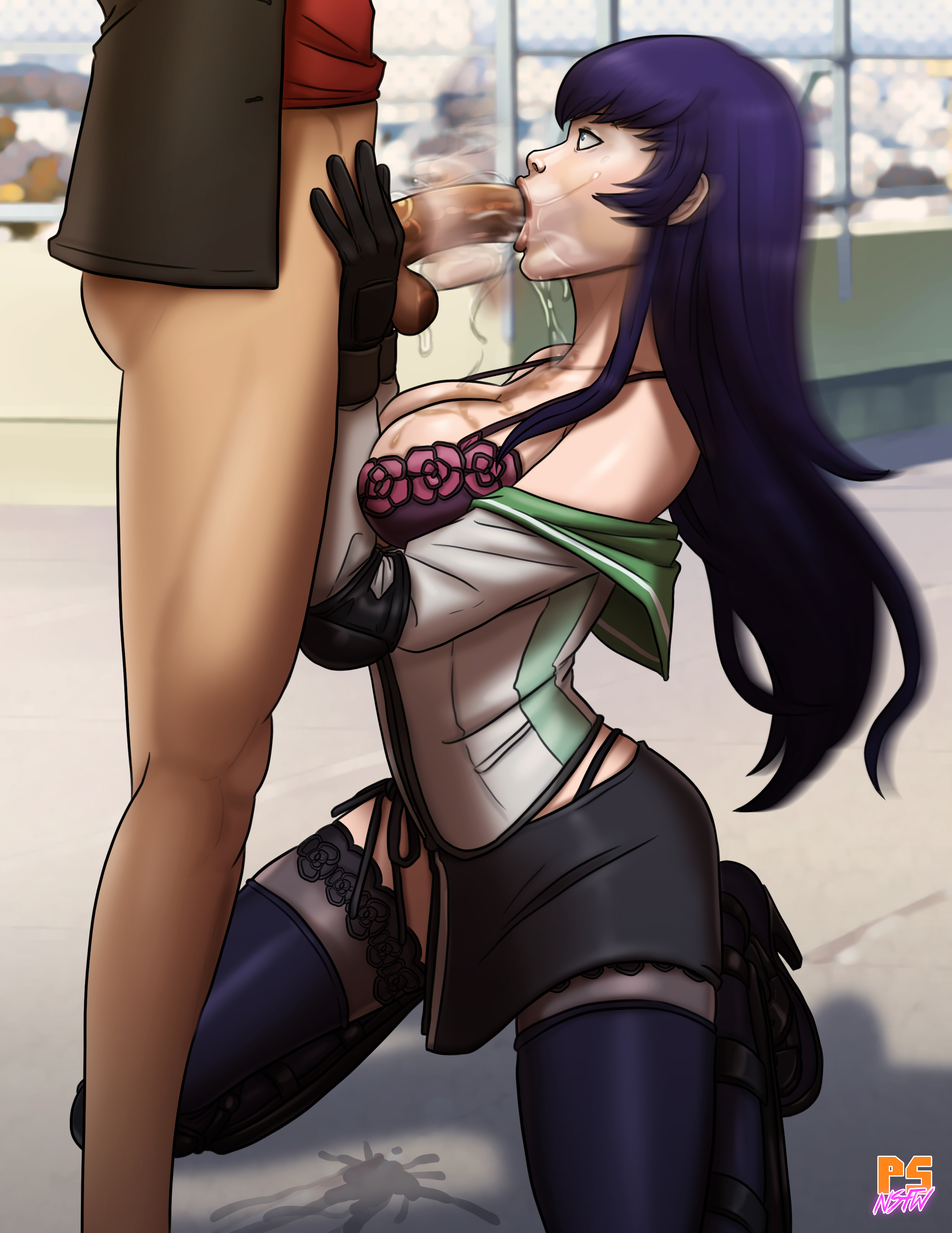 1girls, balls, big breasts, black skirt, blue eyes, bottomless, bra, breasts, cleavage, clothing, deepthroat, drool, drooling, elbow pads, faceless male, fellatio, female, highschool of the dead, huge breasts, kneeling, long hair, male, motion blur, motion lines, open clothes, open shirt, oral, penis, pumpkinsinclair, purple hair, saeko busujima, saliva, saliva drip, school uniform, skirt, straight, thighhighs