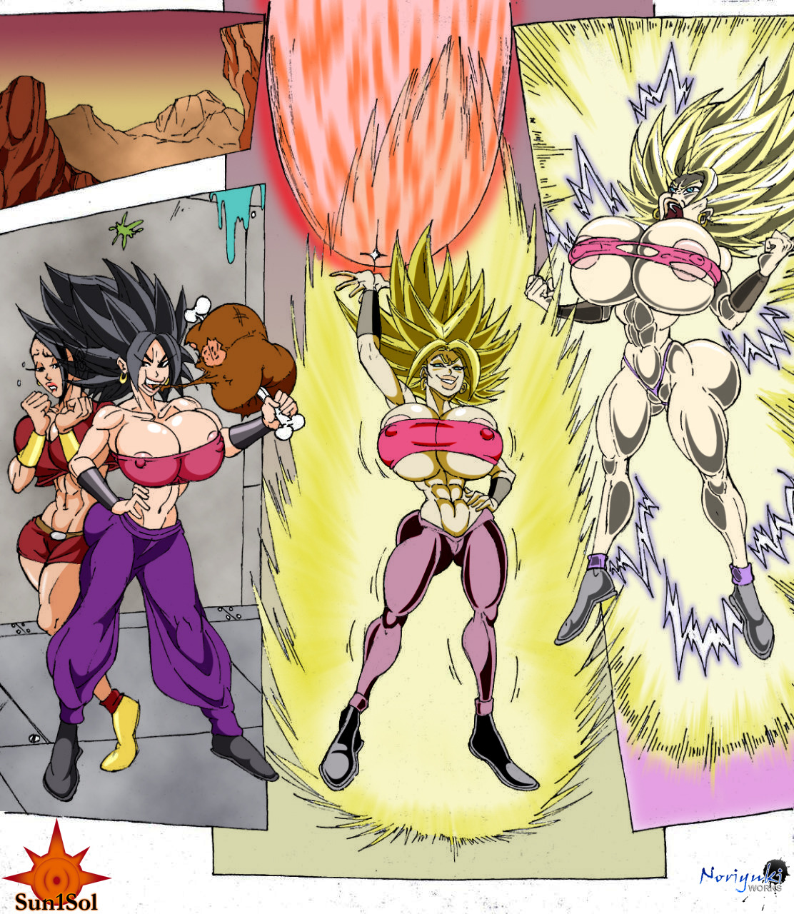 2girls, abs, alien, alien girl, areola slip, arms up, artist name, ass, aura, bare shoulders, belt, big breasts, bimbo, black eyes, black hair, blonde hair, blue eyes, bracer, breasts, bubble ass, bubble butt, busty, caulifla, cleavage, curvy, dragon ball, dragon ball super, ear piercing, earrings, eating, electricity, erect nipple, erect nipples, eyelashes, female, female only, female saiyan, food, front view, green eyes, hand on hip, hands on hip, hands on hips, holding object, hoop earrings, hourglass figure, huge breasts, humanoid, kale, light skin, light-skinned female, long hair, looking at viewer, looking back, meat, midriff, multiple females, multiple girls, muscles, muscular, muscular female, nipple bulge, nipples, open mouth, piercing, red shirt, red skirt, ripped clothing, saiyan, shiny, shiny skin, shirt, shoes, short hair, spiky hair, sun1sol, super saiyan, super saiyan 2, tearing clothes, thong, torn clothes, underboob, universe 6/universe 7, voluptuous, wide hips, yellow hair