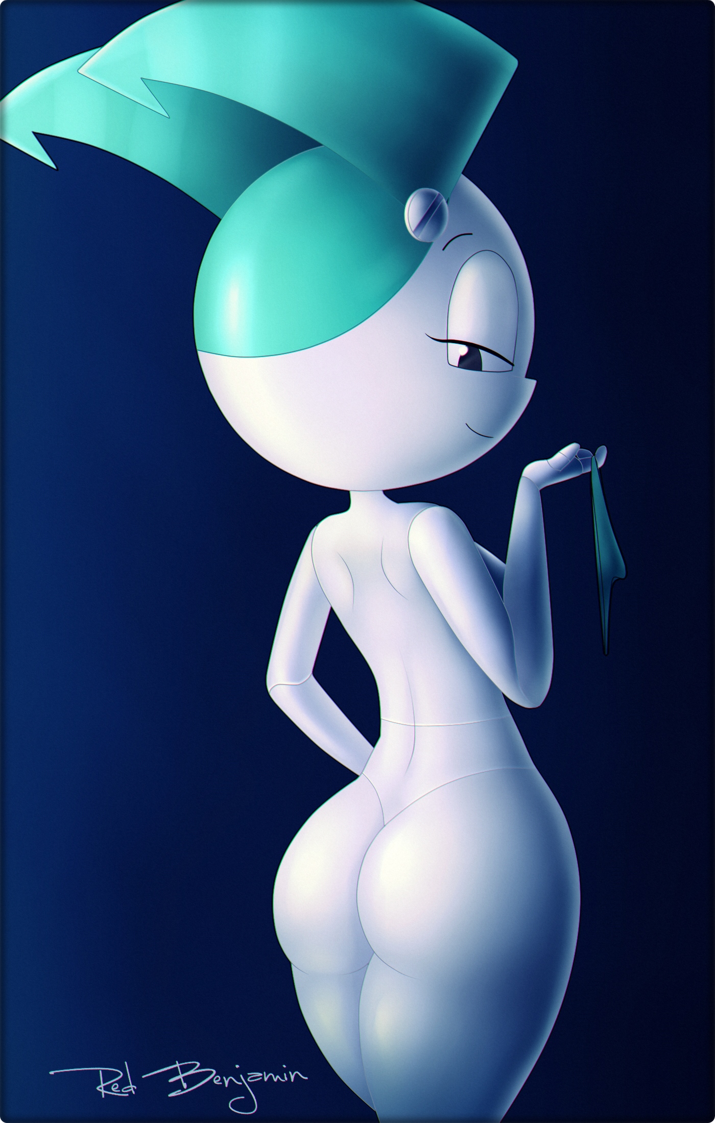 back view, female, jenny wakeman, my life as a teenage robot, nude, redbenjamin, robot, smooth skin, solo, xj-9