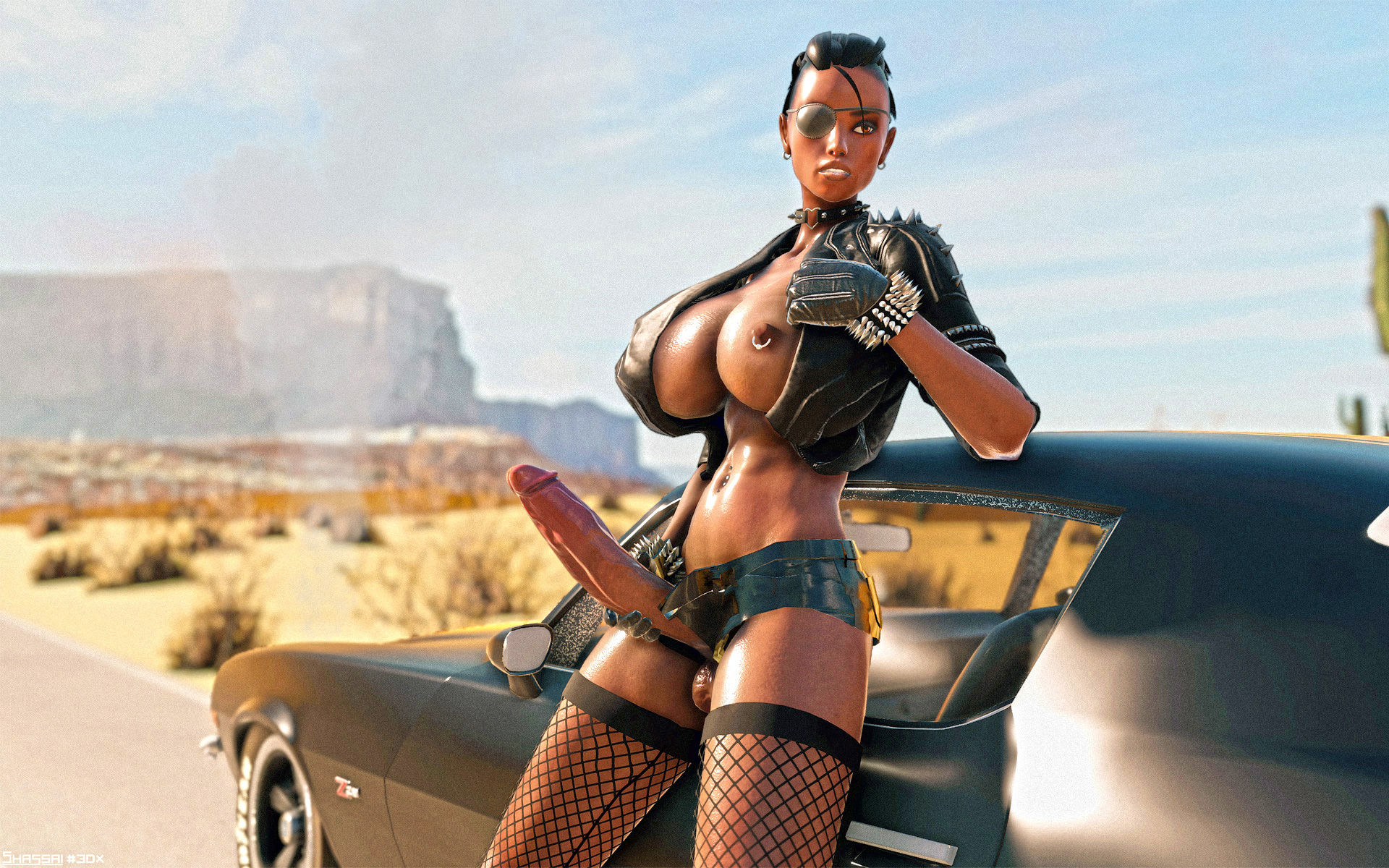 1futa, 3d, black hair, car, desert, dickgirl, eyepatch, futa only, futanari, intersex, max (shassai), penis, shassai, solo, solo futa, tagme