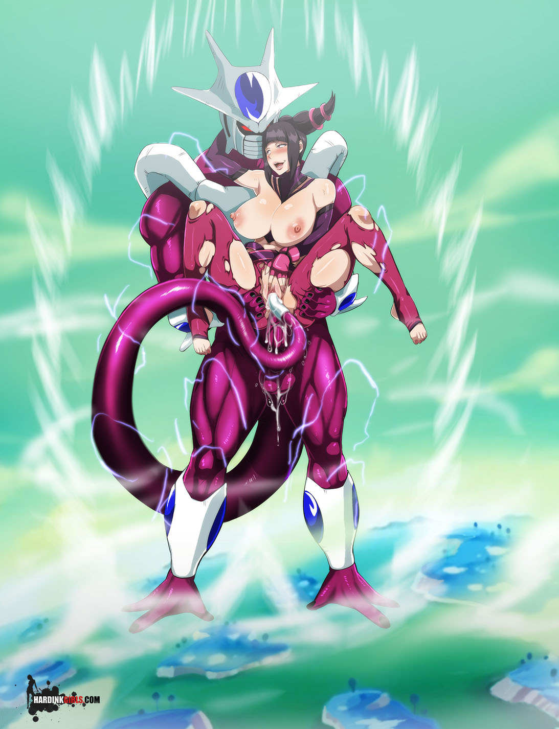 alien, anal, breasts, carrying, cooler (dragon ball), crossover, cyberunique, double penetration, dragon ball, dragon ball z, electricity, electrostimulation, female, juri han, large breasts, outdoors, pussy, pussy juice, street fighter, tail sex, torn clothes, vaginal penetration