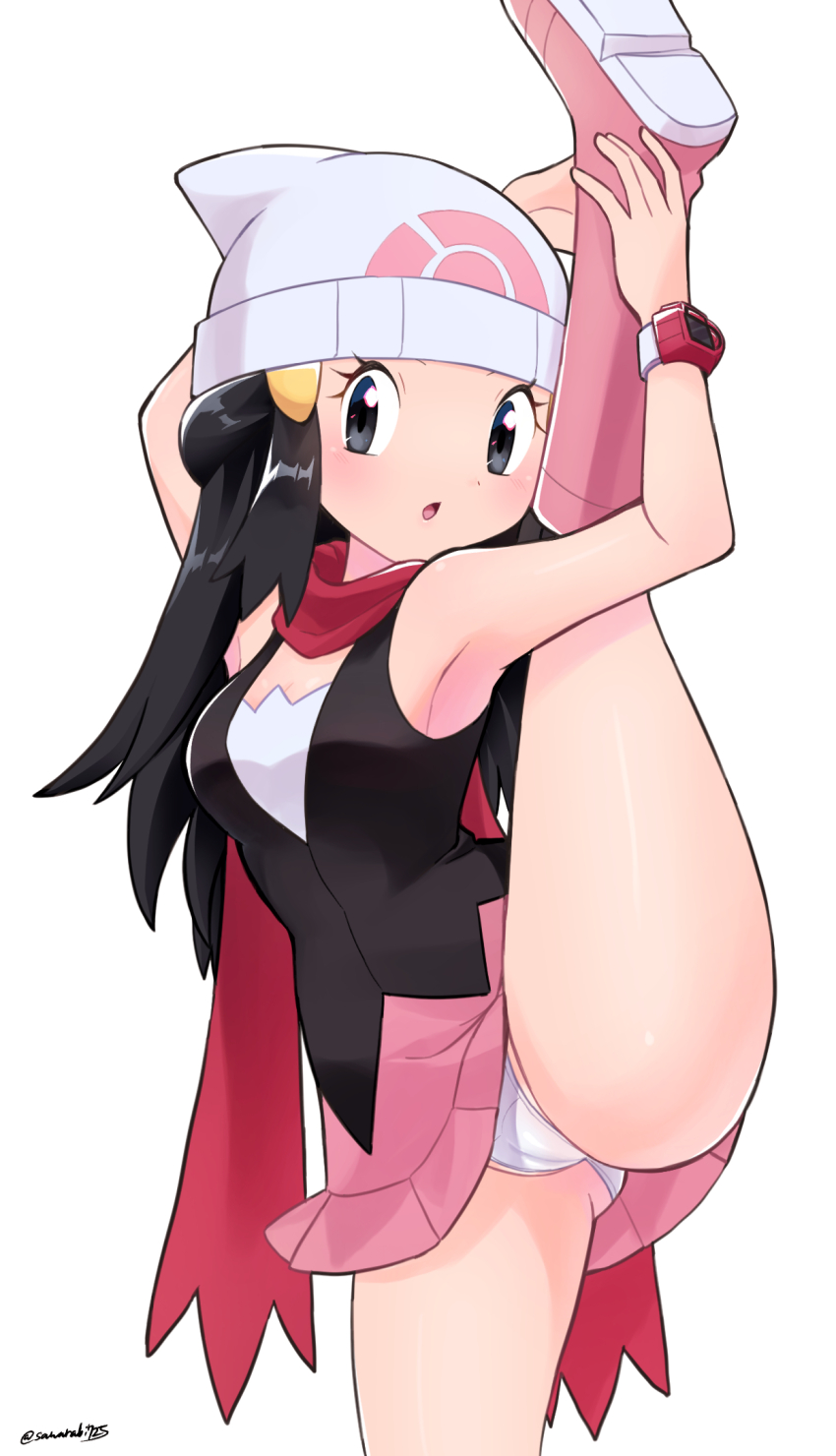 dawn (pokemon), panties, pink miniskirt, pokemon, pokemon dppt (anime), red scarf, sleeveless shirt, upskirt, white panties