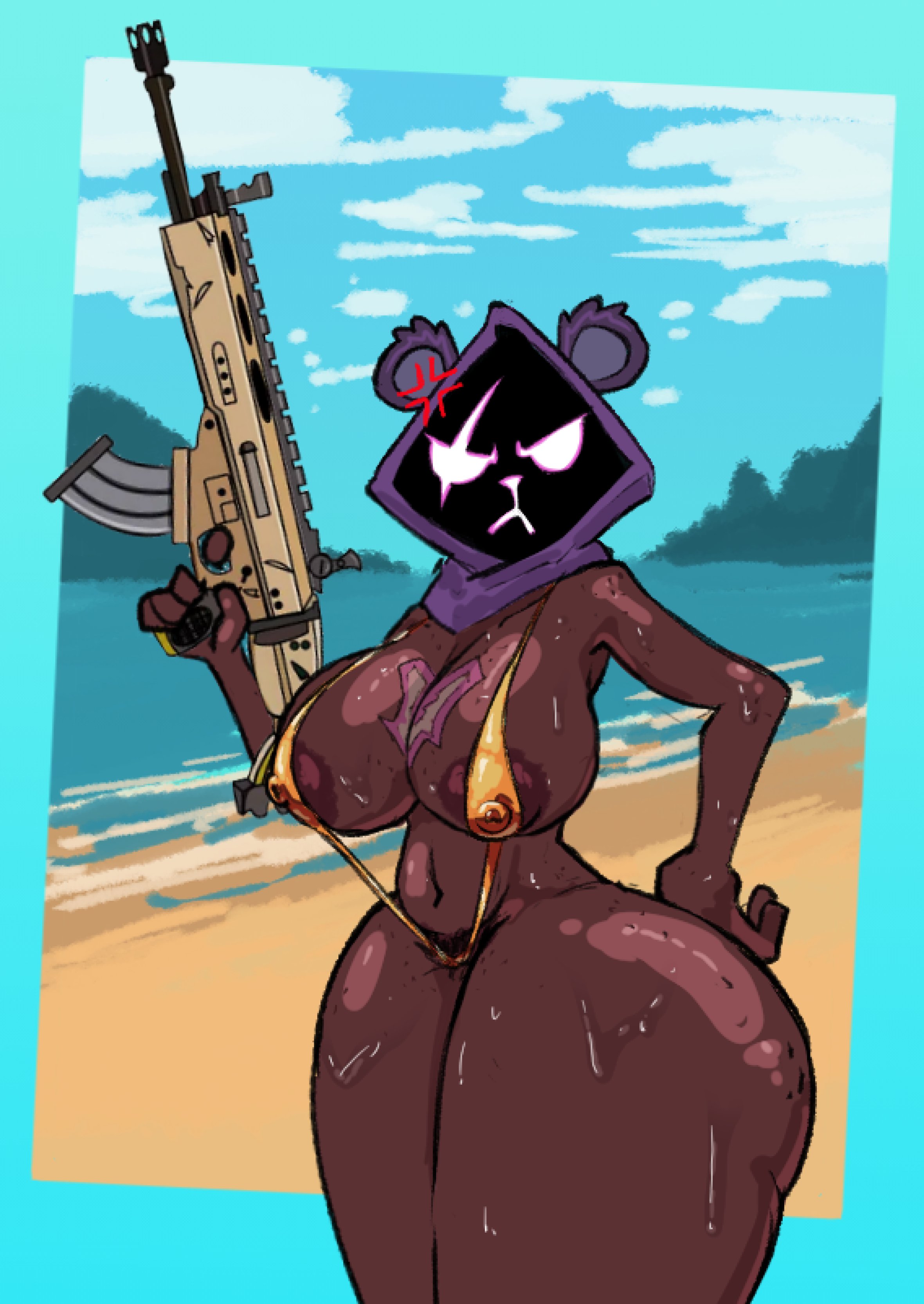 algob4v, angry, angry expression, angry face, annoyed, annoyed expression, ass, bav, beach, big ass, big breasts, breasts, breasts bigger than head, breasts out, dark skin, dark-skinned female, fortnite, fortnite: battle royale, golden bikini, gun, hood up, massive ass, massive breasts, raven team leader, skimpy bikini, skimpy clothes, skimpy outfit, sweat, sweatdrop, sweating, sweaty, sweaty body, thick thighs