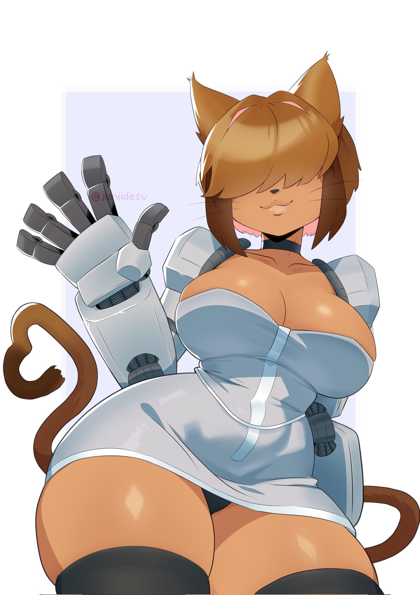 bangs, big breasts, brown body, brown hair, brown skinned female, busty, busty female, cat ears, cat tail, catgirl, curvy, curvy female, cybernetic arm, dress, gameoverse, hair over eyes, juicy lips, kitty milf, mechanical arms, milf, panties showing, robotic arm, solo, thick thighs, tina (gameoverse), tina bodega, wave, wide hips