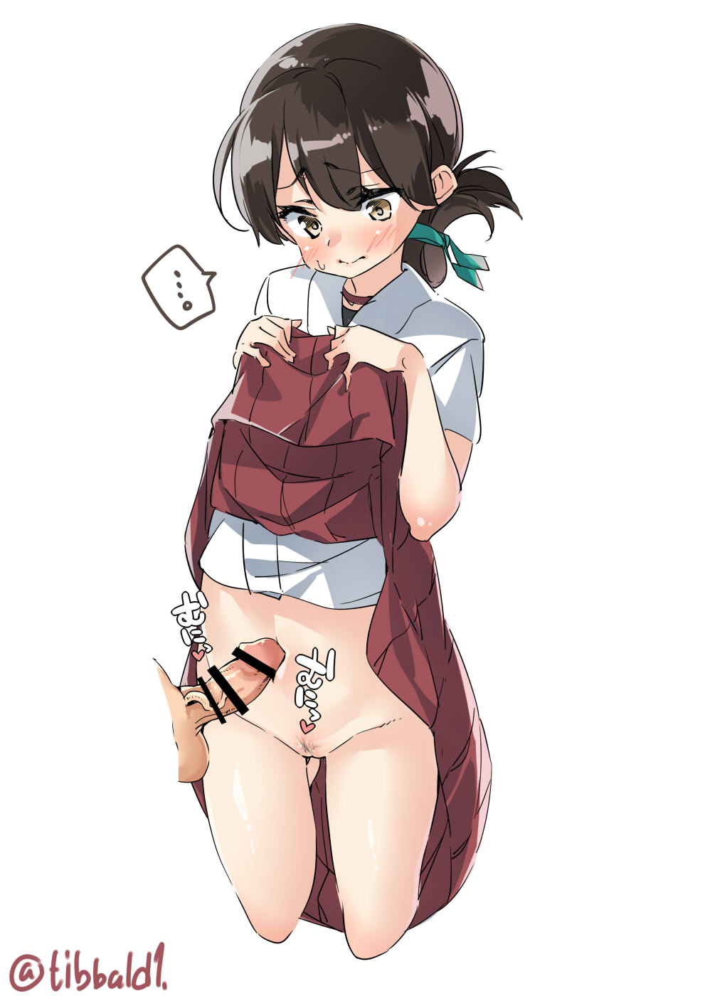 ... 1boy ass_visible_through_thighs bangs blush brown_eyes brown_hair censor_bar censored censored_penis choker commentary_request cowboy_shot cropped_legs ebifurya erection eyebrows_visible_through_hair female folded_ponytail groin hakama hakama_skirt heart highres japanese_clothes kantai_collection kasuga_maru_(kantai_collection) lifted_by_self looking_down navel navel_sex no_panties penis pubic_hair pussy short_sleeves simple_background skirt skirt_lift solo_focus spoken_ellipsis straight sweat taiyou_(kantai_collection) twitter_username veins veiny_penis white_background