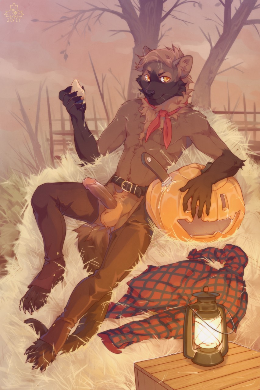 anthro balls belt chaps claws clothed clothing diesel_wiesel erection food fruit gloves_(marking) hay hindpaw humanoid_penis knife looking_at_viewer male male_only mammal markings marten mask_(marking) mostly_nude mustelid neckerchief paws penis pumpkin sitting solo toe_claws yellow_eyes