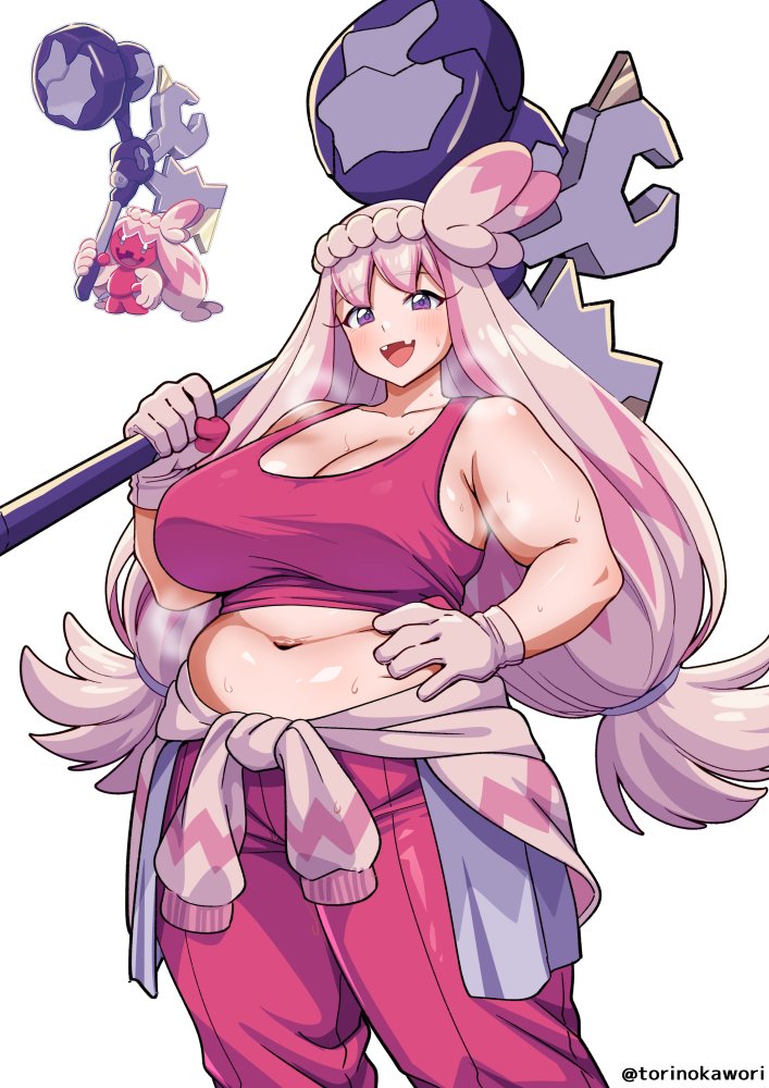 1girls, bare shoulders, breasts, chubby, chubby belly, chubby female, cleavage, female, female only, hammer, large breasts, large hammer, long hair, midriff, midriff baring shirt, navel, pale skin, pale-skinned female, personification, pink hair, pokegirl, pokemon, tinkaton, tinkmaster, torinokawori