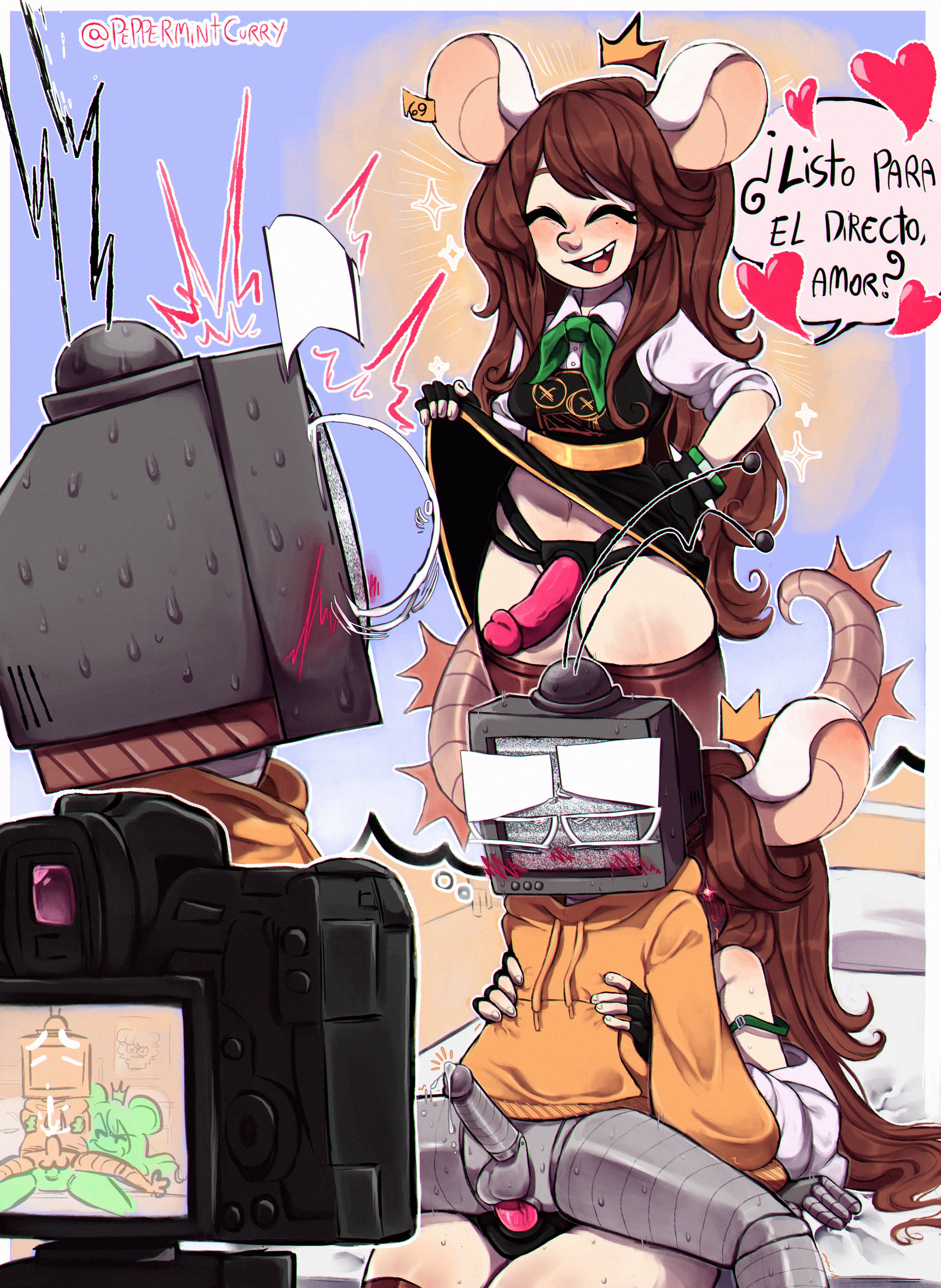 1boy1girl, bottomless male, brown hair, colombian female, couple, couple sex, crown, cukizilla, el ultimo tvnauta, mexican male, nautrash, oskill (artist), pegging, perfectos desconocidos, pink dildo, rat ears, rat girl, rat tail, recording video, robot, spanish dialogue, spanish text, tagme, text bubble, topless female, tv head, tv nauta, tvnauta, yellow hoodie, youtube, youtube hispanic, youtuber character, youtuber sona