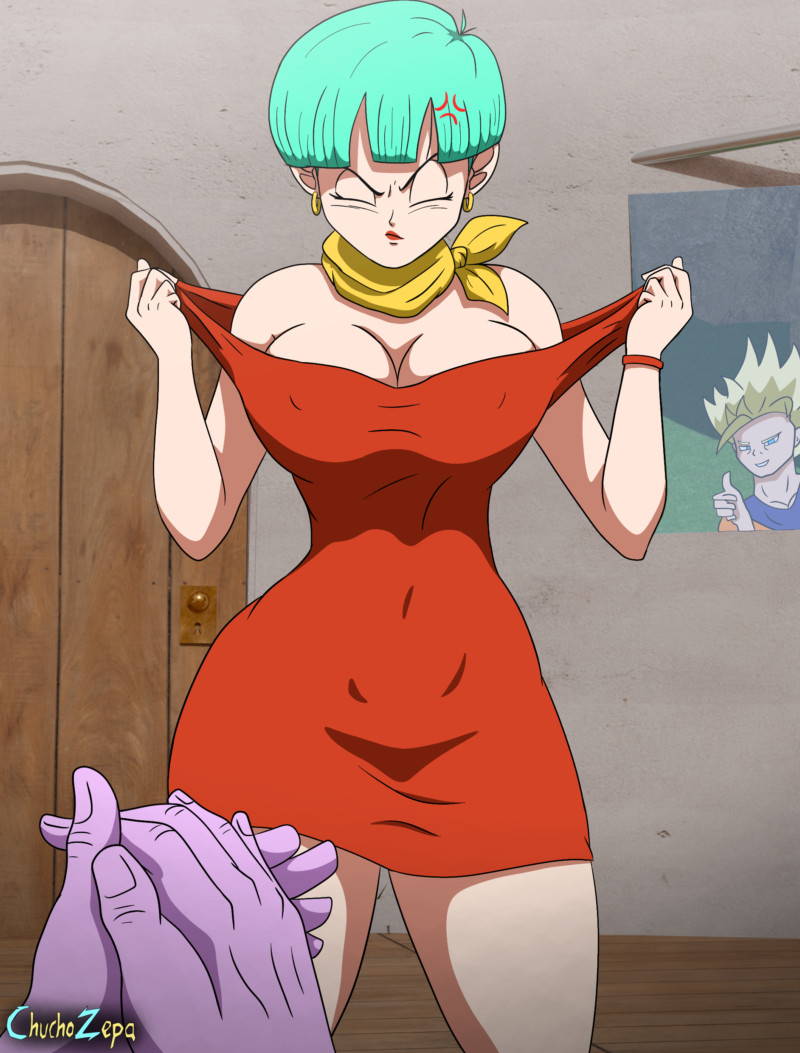 1boy, 1boy1girl, 1girl, annoyed, annoyed expression, ass, bare arms, bare legs, bare shoulders, bare thighs, big butt, blackmail, blue hair, breasts, bulma, bulma (dragon ball), bulma briefs, bulma briefs (majin buu saga), cheating, cheating wife, chuchozepa, cleavage, curvy, dragon ball, dragon ball super, dragon ball z, earrings, elder kai, elderly male, eyelashes, female focus, highres, huge ass, huge breasts, large breasts, legs, lipstick, makeup, male/female, mature, mature female, mature woman, milf, netorare, nipples, no bra, old male, older male, paying with sex, plump, plump ass, plump breasts, red dress, short hair, shounen jump, son gohan, straight, thick ass, thick legs, thick thighs, thighs, voluptuous female, wide hips, wide thighs