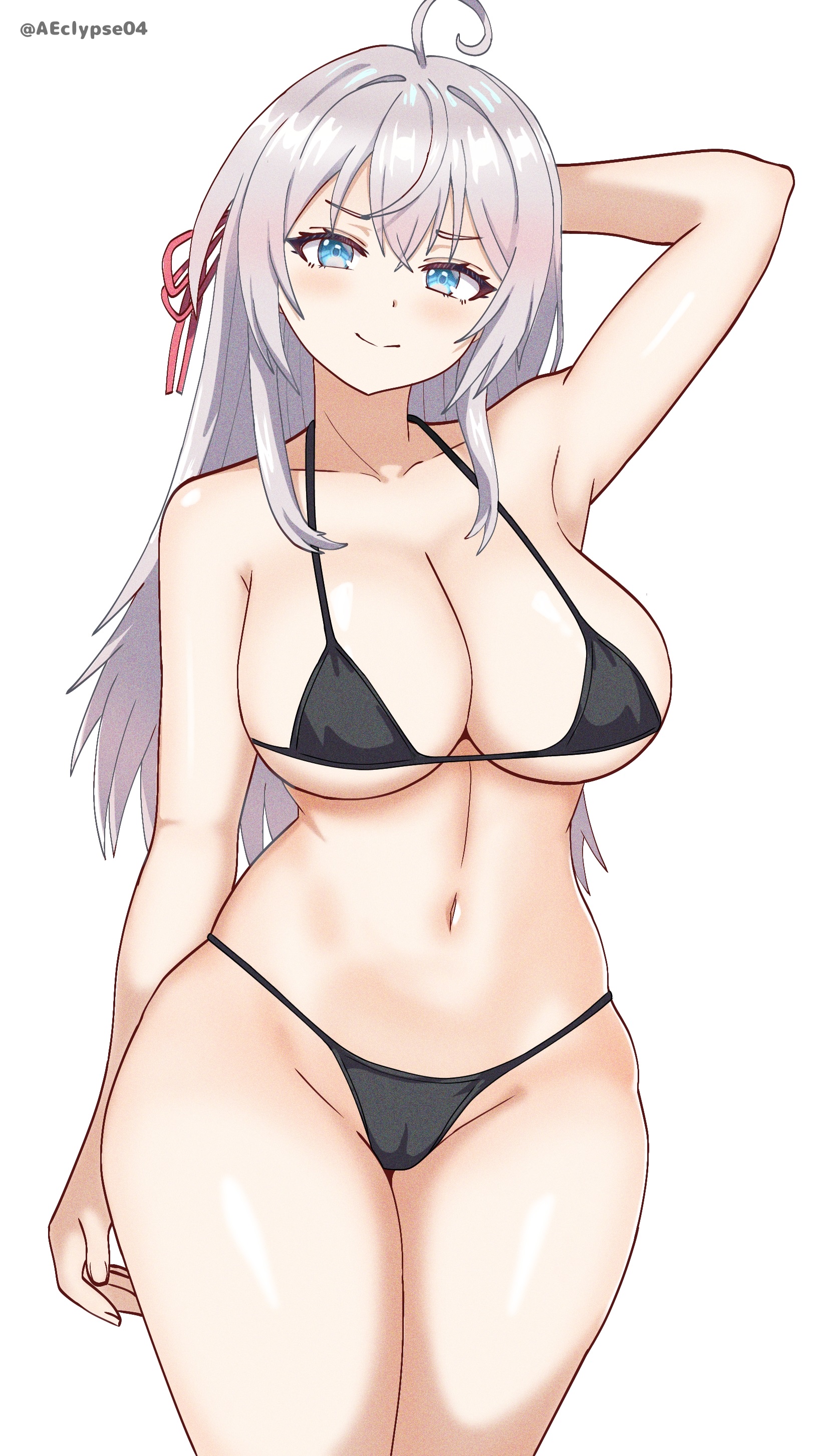1girl, absurdres, ahoge, alisa mikhailovna kujou, arm behind head, arm up, artist name, bikini, black bikini, blue eyes, blush, breasts, closed mouth, cowboy shot, crossed bangs, eclyart, hair between eyes, hair ribbon, highres, large breasts, long hair, looking at viewer, micro bikini, navel, red ribbon, ribbon, simple background, smile, solo, standing, swimsuit, thighs, tokidoki bosotto roshia-go de dereru tonari no alya-san, tokidoki bosotto russian de dereru tonari no alya-san, twitter username, watermark, white background