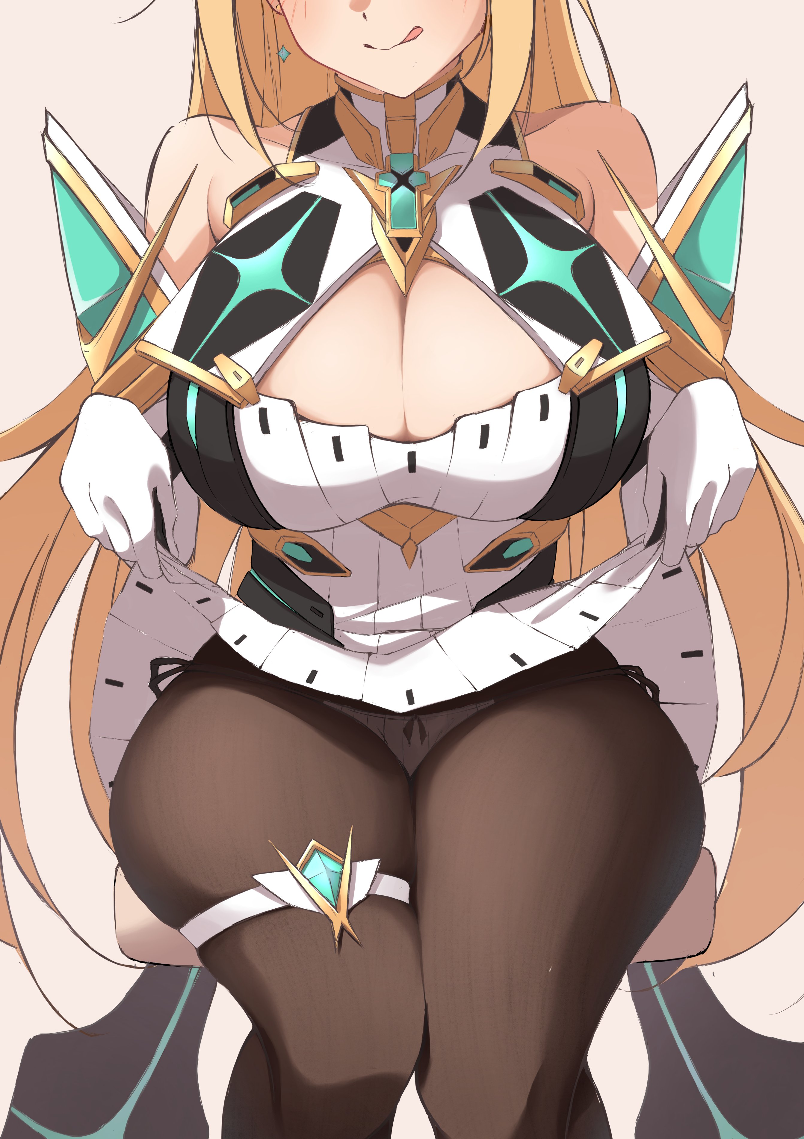 1girls, bare shoulders, blonde hair, boob window, breasts, cleavage, cleavage cutout, core crystal, detatched sleeves, eyes out of frame, female, female focus, female only, gloves, huge breasts, large breasts, legs together, light skin, light-skinned female, long hair, mika n95, mythra, mythra (xenoblade), panties, panties peek, ribbon, ribbon panties, showing panties, skirt, skirt lift, skirt lifted by self, solo, thick thighs, thigh strap, thighs, tongue, tongue out, voluptuous, wide hips, xenoblade (series), xenoblade chronicles 2