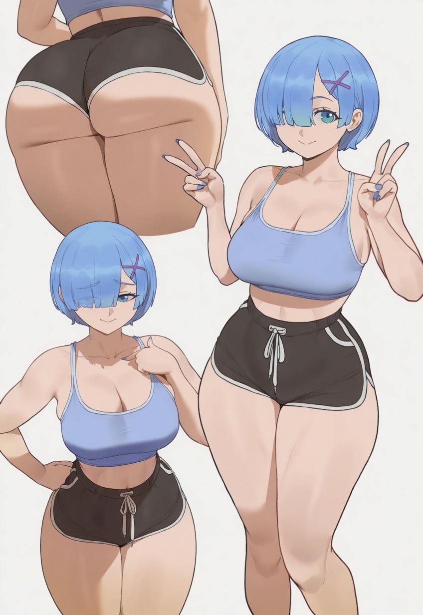 ai generated, ass, breasts, clothed female, dolphin shorts, maxelartdesign, re:zero kara hajimeru isekai seikatsu, rem (re:zero), shorts, sports bra
