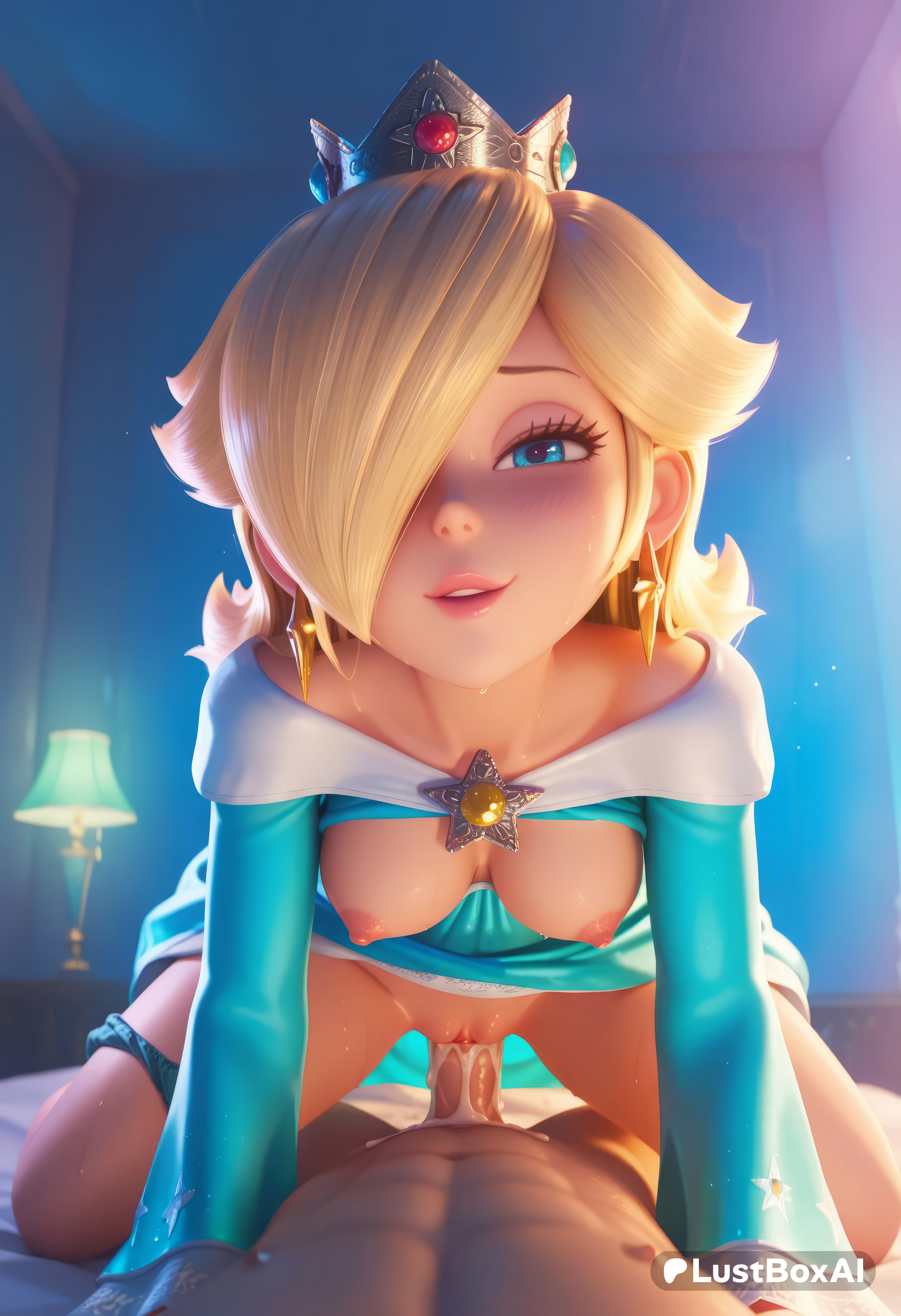 1boy, 1boy1girl, 1girls, ai generated, artist name, blonde hair, blue eyes, blush, breasts, clothed female nude male, clothed sex, clothes lift, cowgirl position, crown, dress, dress lift, earrings, erection, female, girl on top, hair over one eye, hetero, hi res, illumination entertainment, jewelry, lips, long hair, looking at viewer, lustboxai, mario (series), mario bros, medium breasts, nintendo, nipples, one eye covered, panties, panties around one leg, parted lips, penis, pov, pov crotch, princess rosalina, pussy, rosalina, sex, smile, solo focus, star earrings, straddling, super mario bros., super mario galaxy, super mario galaxy (2026 film), sweat, the super mario galaxy movie, uncensored, underwear, vaginal, vaginal penetration, vaginal sex