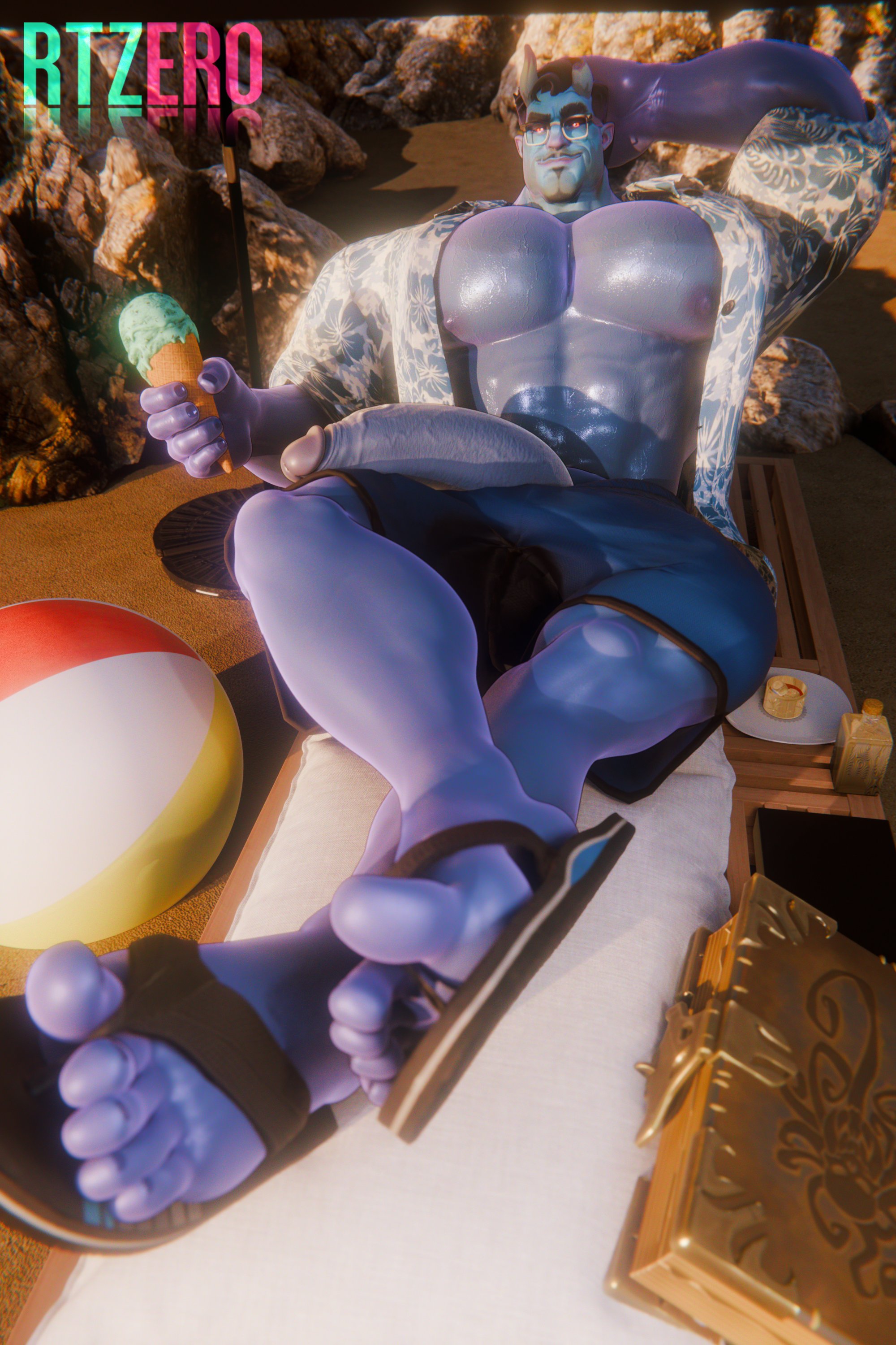 1boy, abrams (deadlock), bara, big breasts, big cock, big pecs, big penis, blue penis, blue skin, cock, colored skin, daddy, deadlock, demon, demon horns, demon humanoid, dilf, feet focus, feet together, flaccid, flaccid penis, flip flops, hands behind head, holding object, long penis, looking at viewer, lying on back, male, male focus, male only, muscles, muscular, muscular male, pecs, pectorals, penis, penis out, reclining, rtzero, shirt, shirt open, shorts, smooth skin, summer, thick penis
