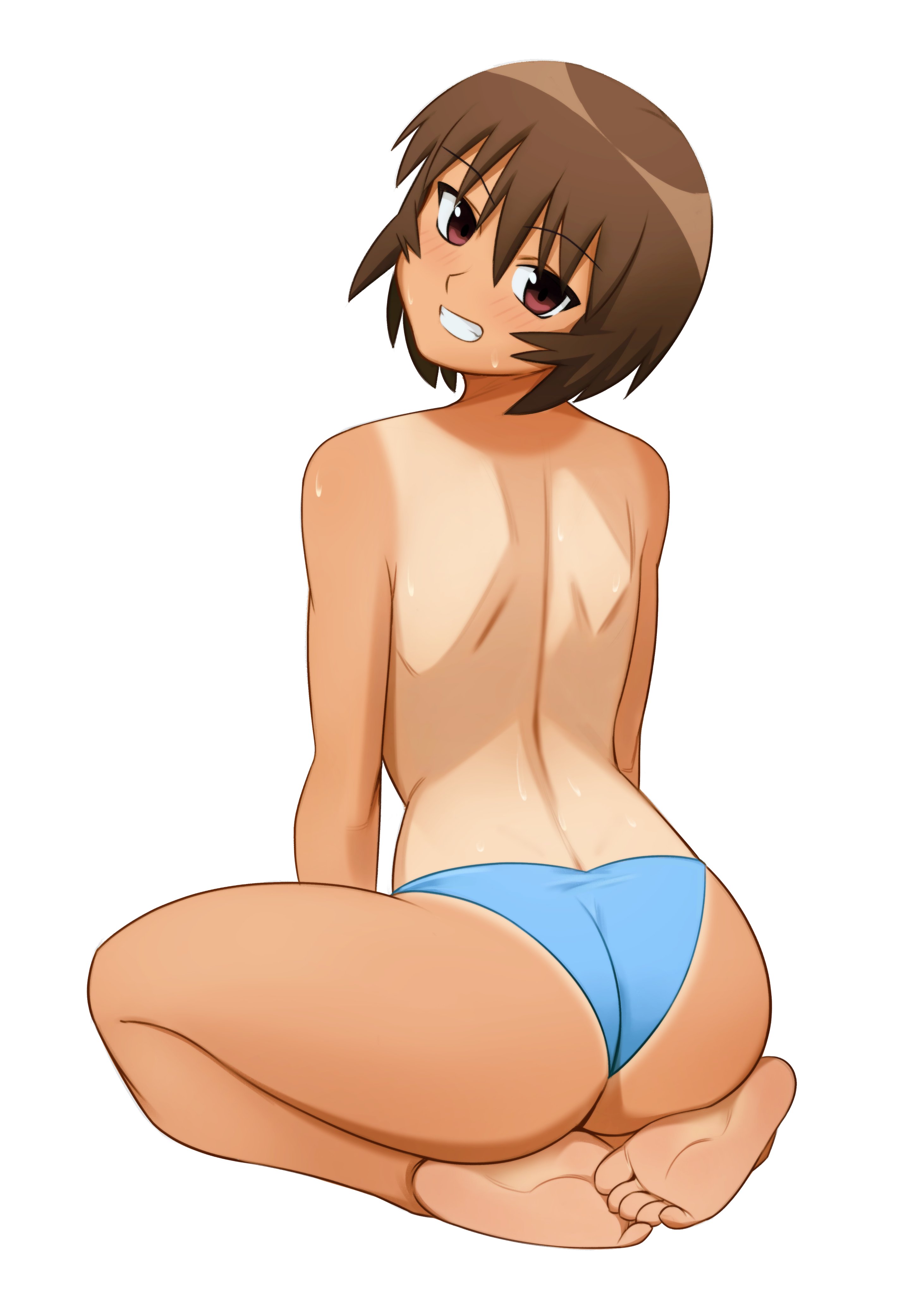 1girl, 1girls, ass, ass focus, azumanga daiou, brown eyes, brown hair, female, female only, kagura (azumanga daiou), looking back, maxvines, smiling at viewer, solo, tan body, tanned, tanned female, tanned skin, topless, underwear