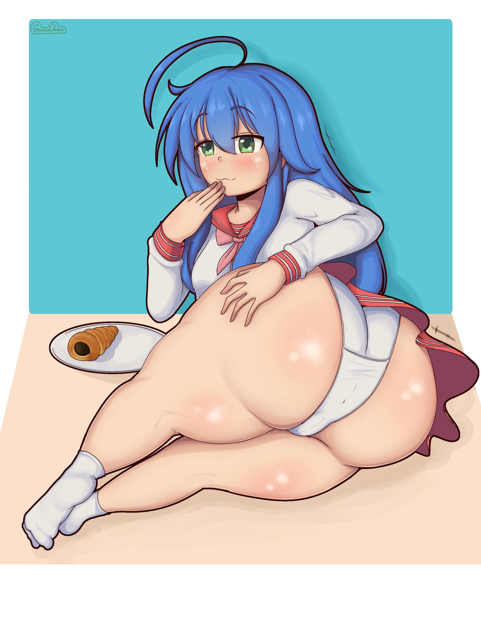 :3, alternate version available, ass, big ass, blue hair, bubble ass, bubble butt, female, funlitogc, gassychan, gassychan (artist), gasychan (artist), green eyes, izumi konata, konata izumi, large ass, light blush, lucky star, panties, school uniform, upskirt
