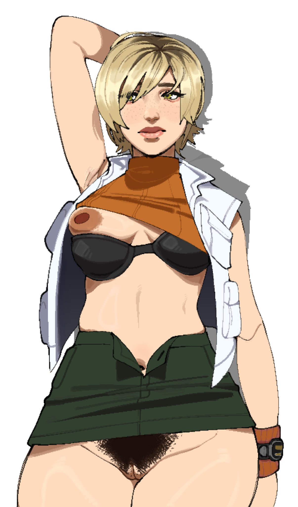 armpits, arms up, flashing, flashing breasts, flashing pussy, hairy, hairy pussy, heather mason, large areolae, large nipples, pubic hair, rheesu, silent hill, silent hill 3, skirt, skirt lift