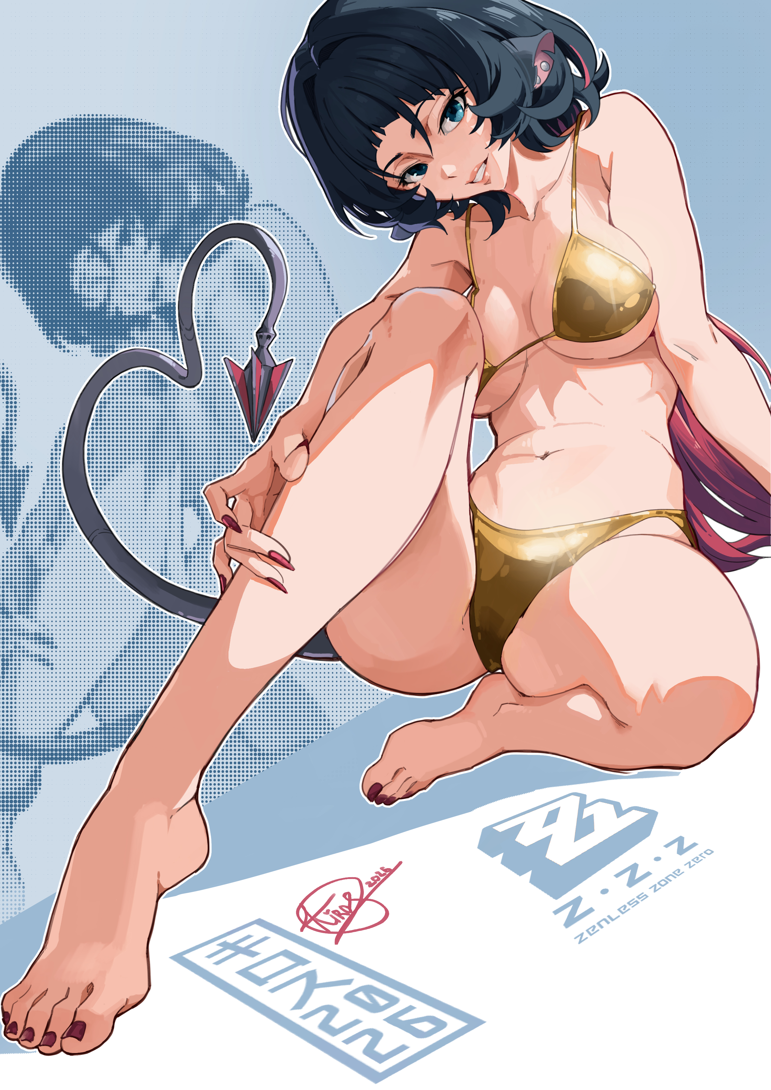 2d, 2d (artwork), bikini, blue eyes, foot focus, golden bikini, jane doe (zenless zone zero), kirostemple, large breasts, legs, mouse ears, mouse girl, sfw, short hair, smug, tagme, zenless zone zero