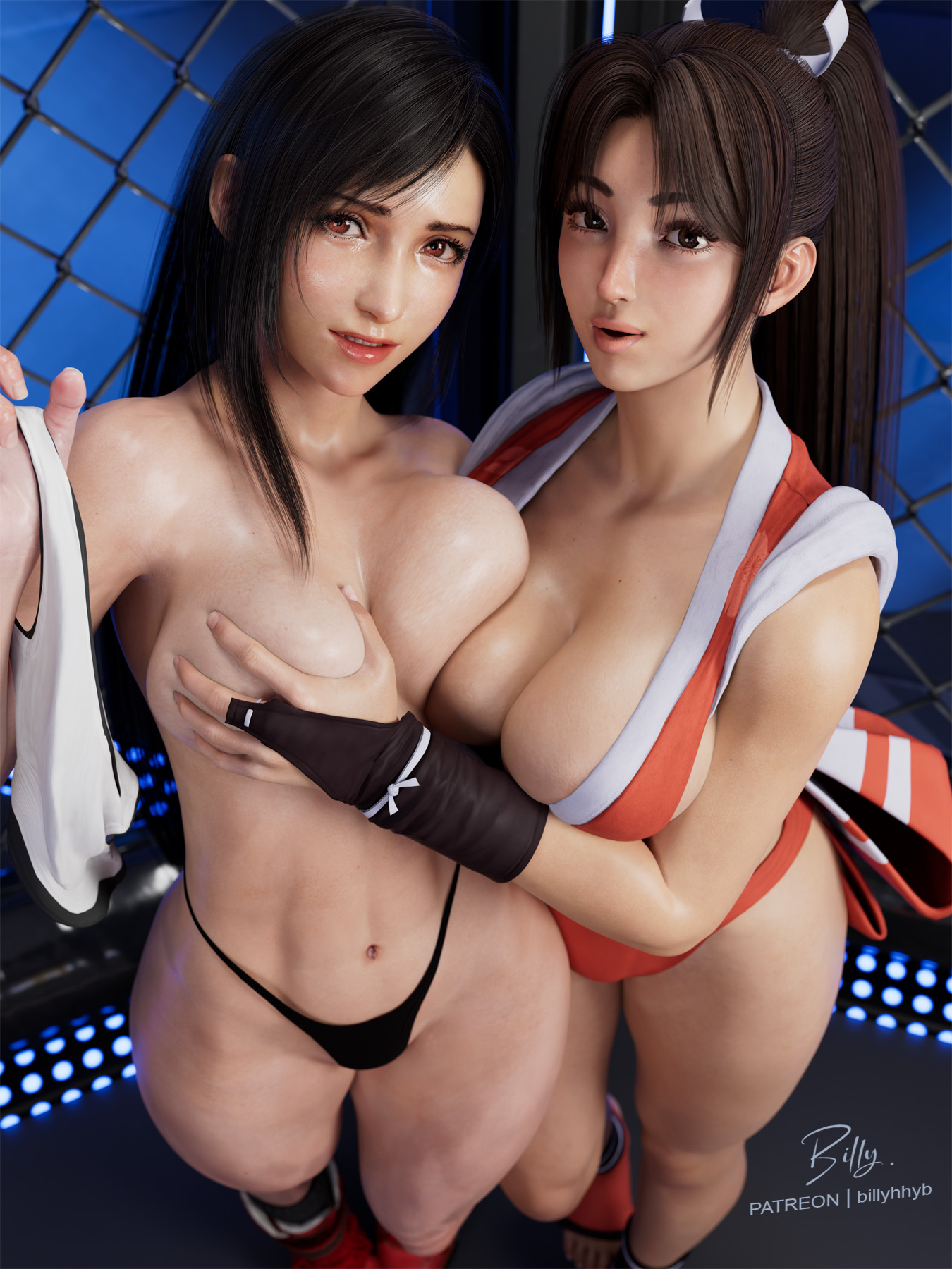 2girls, big boobs, big breasts, big tits, billyhhyb, black body, boobs, breast grab, breasts, breasts out, brown eyes, brown hair, capcom, fatal fury, fighting ring, final fantasy, final fantasy vii, king of fighters, large boobs, large breasts, large tits, lesbian, mai shiranui, nude, nude female, pale skin, pale-skinned female, snk, street fighter, street fighter 6, thong, tifa lockhart, tits, titties, topless, yuri