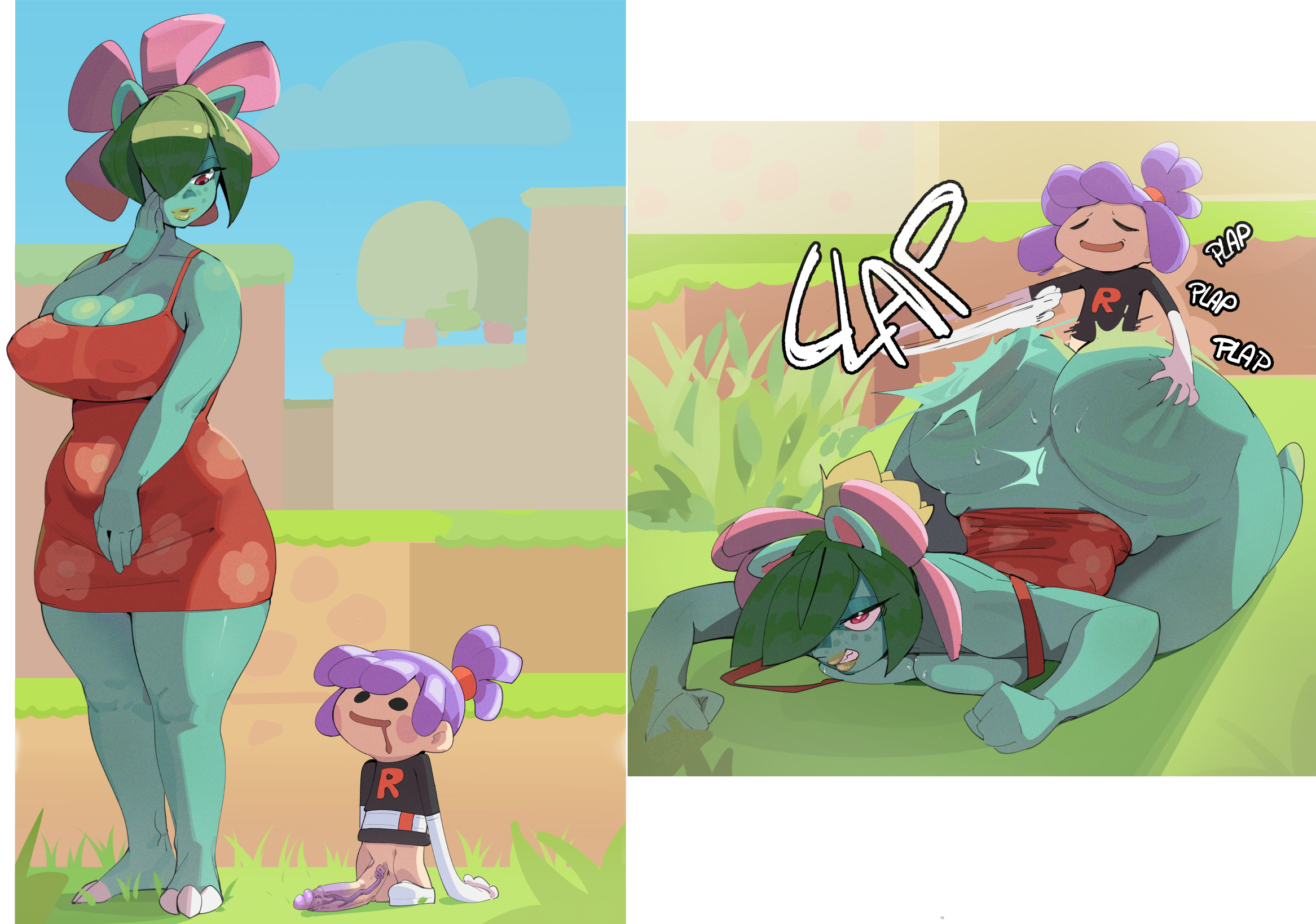 1girl, 1girl1boy, 1girls, anthro, bimbo, dick, ditto, ditto (pokemon pokopia), ditto (pokemon), ditto copied person, from behind, from behind position, fushigibana, humanoid, metamon, metamon (poco a pokemon), milf, penetration, penetration from behind, poco a pokemon, pokemon, pokemon (species), pokemon pokopia, pokopia, purple hair, reptile, size difference, thick ass, thick thighs, unknown artist, venusaur