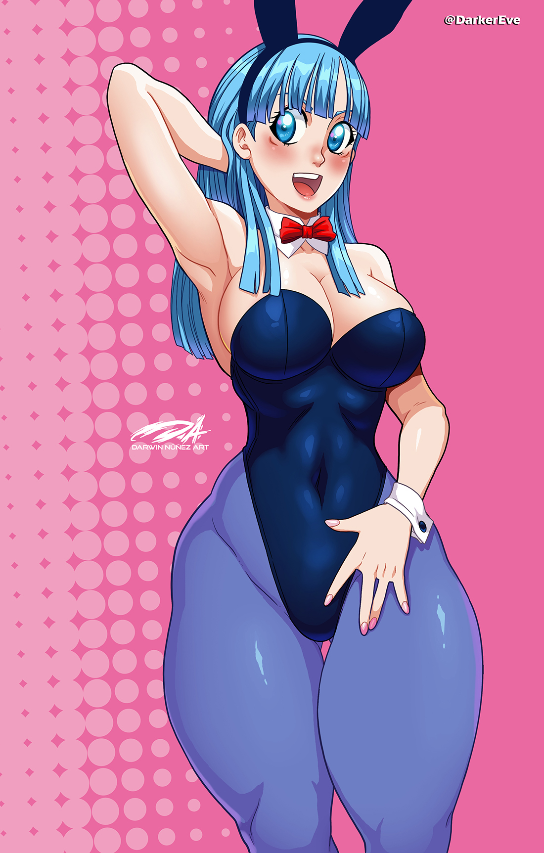 1girls, 2020, blue eyes, blue hair, blush, bulma, bulma (bunny), bulma (dragon ball), bulma briefs, bunny ears, bunnysuit, cuffs (clothing), darkereve, detached collar, dragon ball, dragon ball (classic), female, female only, hand behind head, hi res, long hair, looking at viewer, neck ribbon, open mouth, pantyhose, pink nail polish, purple pantyhose, smiling, smiling at viewer, solo, thick thighs, wide hips, wrist cuffs