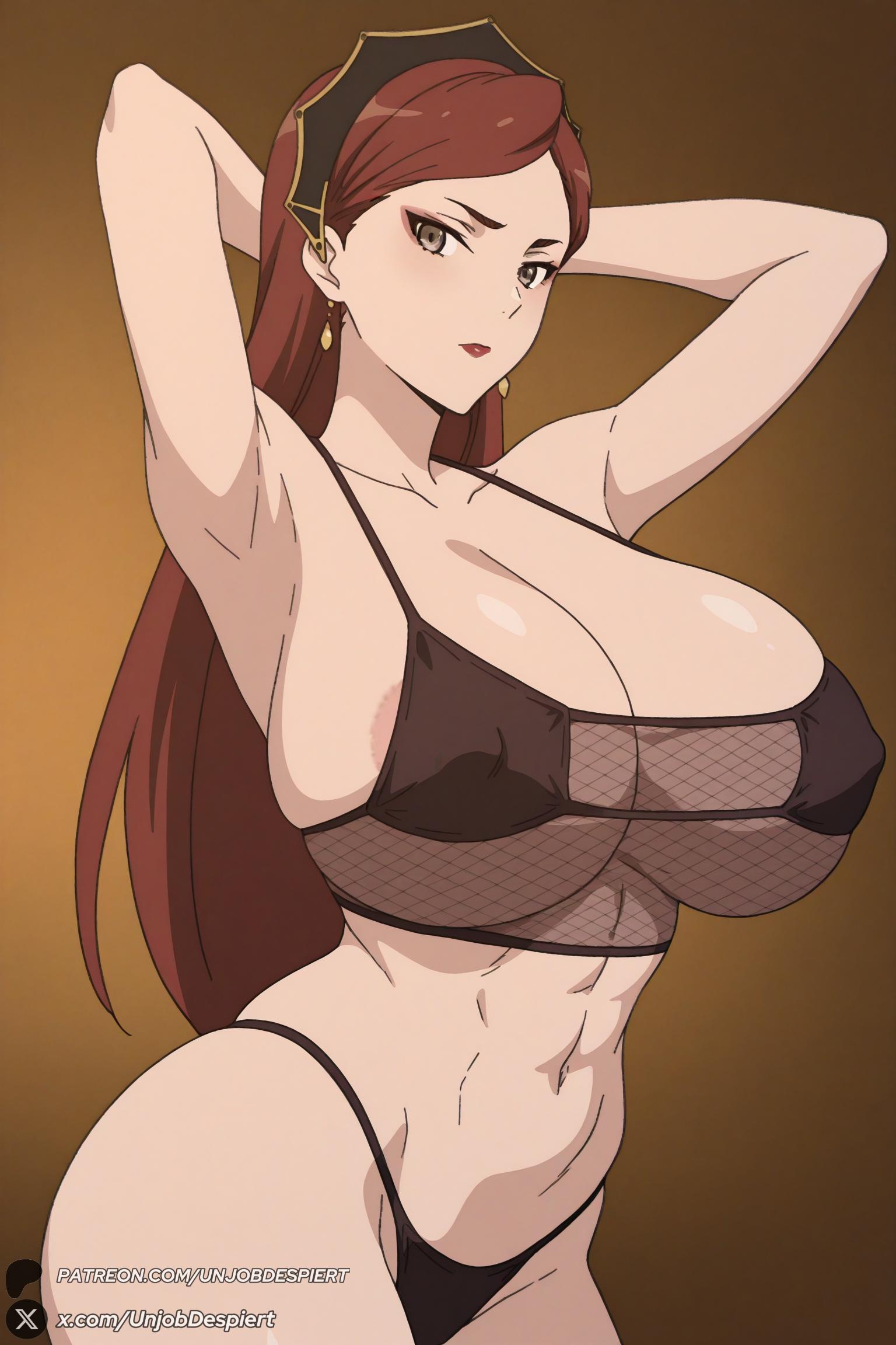 hilda_boreas_greyrat mushoku_tensei mushoku_tensei:_isekai_ittara_honki_dasu unjobdespiert ai_generated 1female looking_at_viewer curvy huge_breasts huge_ass big_breasts big_ass 1girls breasts 2026 artist_name watermark hi_res highres high_quality high_resolution patreon_username patreon 1girl solo armpits long_hair jewelry earrings makeup navel bikini swimsuit arms_behind_head red_hair cleavage brown_background arms_up mature_female fishnets brown_eyes brown_hair black_bikini underwear large_breasts lipstick areola_slip covered_nipples fishnet_top