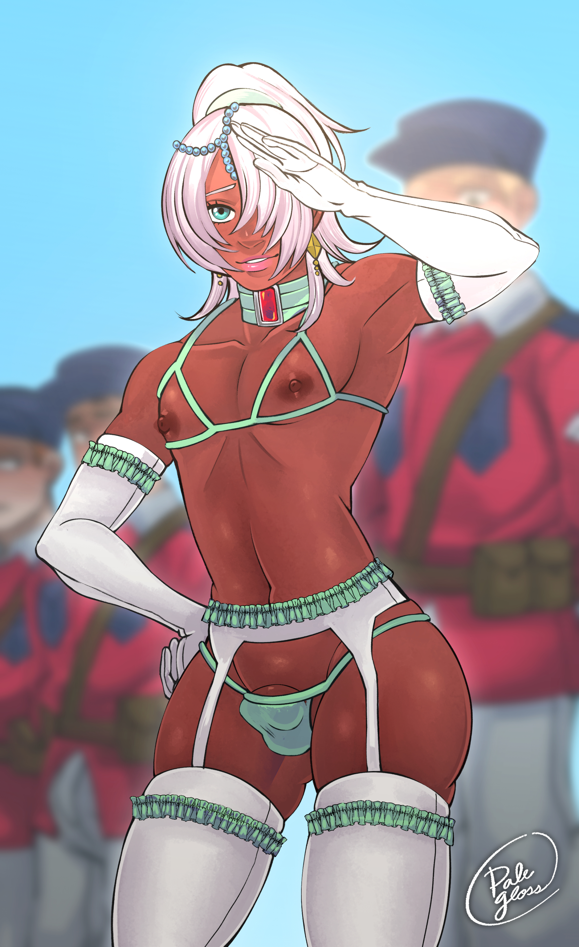 1boy, armpits, artist logo, background character, background characters, blush, blushing, blushing male, bulge, bulge through clothing, bulge under clothes, cap, clothed, clothed femboy, clothed male, commission, commission art, commissioner upload, crossdressing, dark skin, dark-skinned femboy, dark-skinned male, eye covering bang, femboy, garter belt, garter straps, green eyes, gundam, jewelry, laura rolla, lingerie, long gloves, loran cehack, military, military cap, military uniform, multiple boys, nipples, palegloss, panties, penis, penis in panties, salute, sideways glance, silver hair, skindentation, soldier, standing at attention, stockings, tagme, thigh highs, thighhighs, turn a gundam