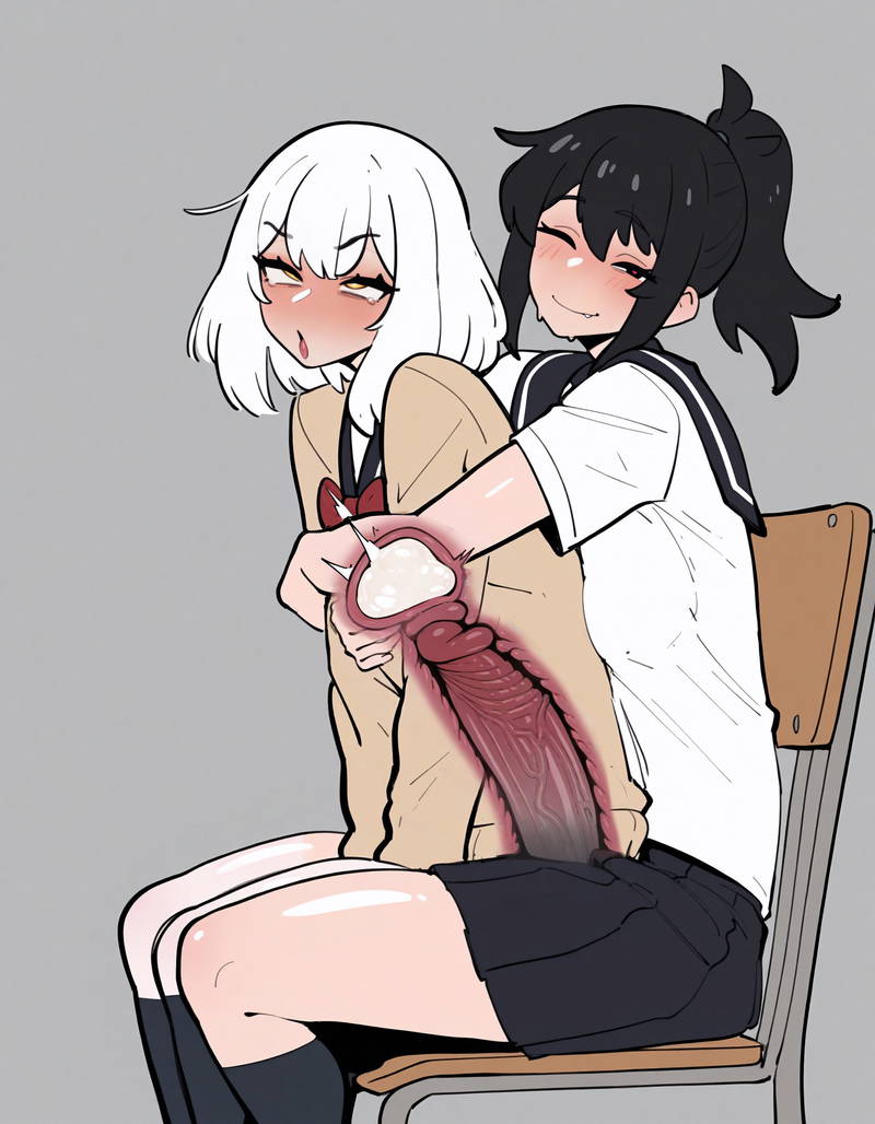 artist request, black hair, cervix kiss, character request, cum in pussy, cum in uterus, cum in womb, cum inside, deep penetration, futa on female, futa schoolgirl, futanari, huge cock, red eyes, schoolgirl, sitting on chair, sitting on lap, sitting on penis, white hair, yellow eyes