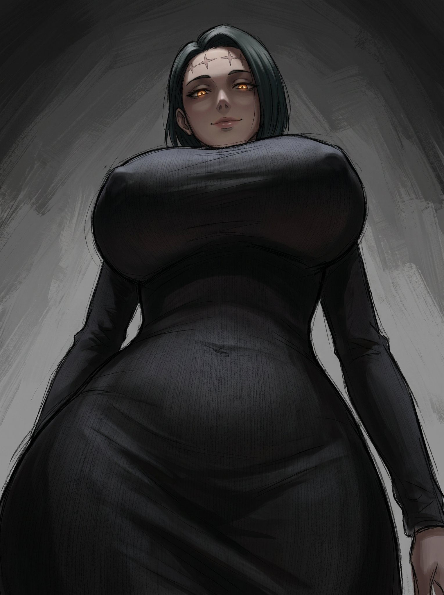2020s, 2026, 2d, 2d (artwork), 2d artwork, asian, asian female, belly, big boobs, big breasts, big hips, big tits, big titties, black dress, black hair, black hair female, boobs, breasts, bulging nipples, clothed, clothed female, clothes, cropped legs, curvy, curvy body, curvy female, curvy figure, curvy hips, curvy thighs, dewspire, digital drawing (artwork), digital media, digital media (artwork), ears, eyebrows, eyelashes, eyes, eyes open, female, female focus, female only, fingers, glowing eyes, grey background, hips, hourglass figure, hourglass figured female, human, human female, humanoid, itadori kaori, jujutsu kaisen, kenjaku, light skin, light-skinned female, lips, looking at viewer, looking down, looking down at viewer, low-angle view, milf, milf body, mommy, navel, nipple bulge, nipple outline, nipples, no dialogue, no text, scar, sexually suggestive, sexy, sexy body, sexy female, shounen jump, simple background, slim, slim female, slim girl, smile, smiling, smiling at viewer, suggestive, suggestive look, textless, thighs, tight clothes, tight clothing, tight fit, tits, yellow eyes