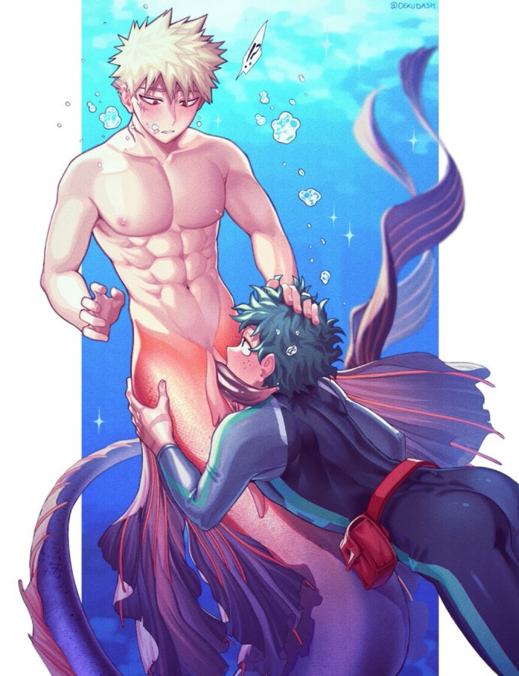2026, 2boys, bakugou katsuki, blonde hair, boku no hero academia, bright colors, clothed, clothed male, deku, dekudash, dick, fish tail, fit, fit male, gay, gay male, green eyes, green hair, hand in hair, hand on head, holding head, human, humanoid, imminent oral, interspecies, izuku midoriya, katsuki bakugou, looking at partner, male, male focus, male only, male/male, mermaid, mermaid tail, merman, messy hair, midoriya izuku, muscular, muscular male, my hero academia, naked, non-human, nude, ocean, penis, red eyes, scar, scar on face, sea, spiky hair, underwater, water, wetsuit, yaoi