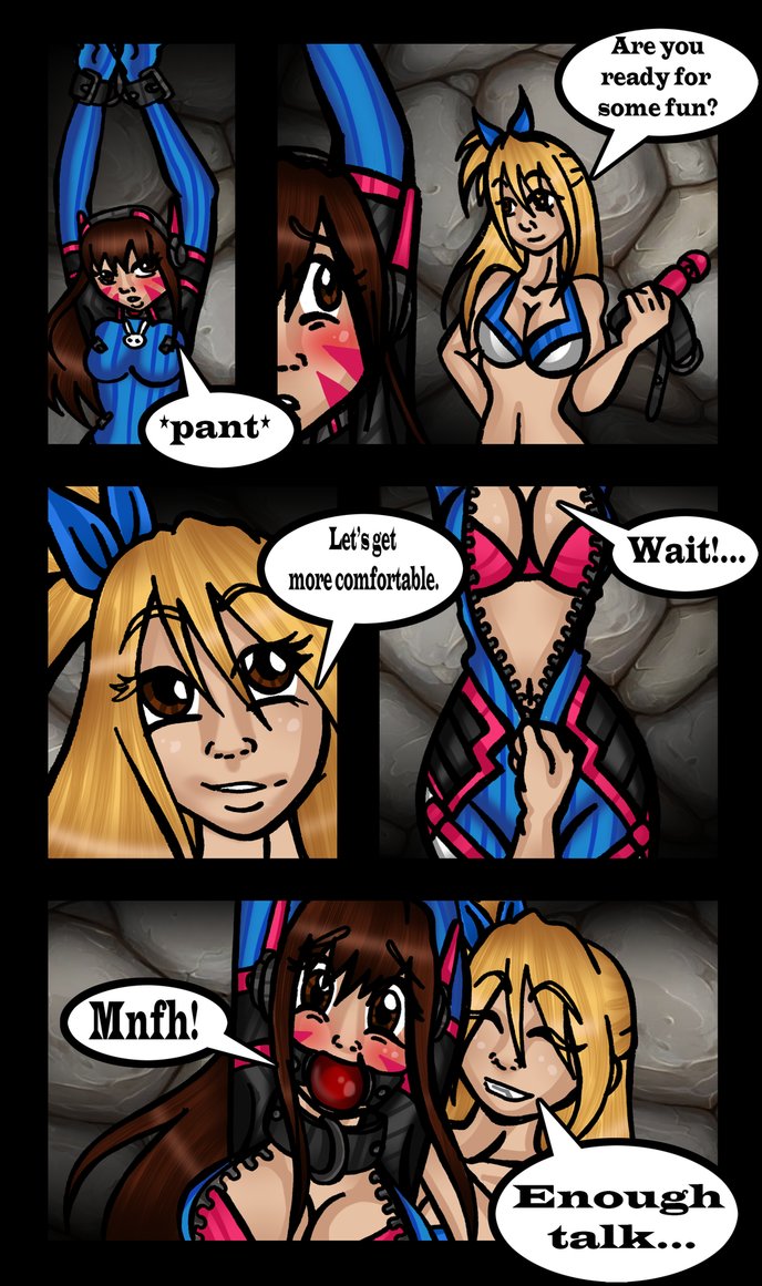 2girls arms_up ball_gag blonde_hair blush bondage bound breasts brown_hair comic crossover d.va dialogue fairy_tail female female_only femdom femsub gag gagged gagged_speech headphones lucy_heartfilia multiple_girls overwatch red_ball_gag ribbon sex_toy speech_bubble tilly-monster vibrator yuri