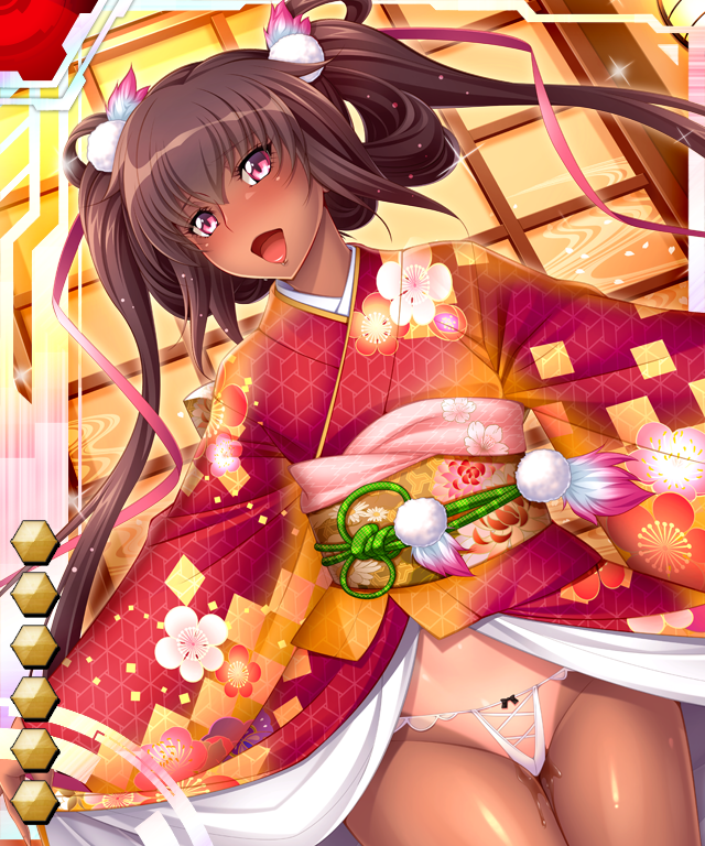 aoi_nagisa_(metalder) bare_legs breasts brown_hair card_(medium) curvy dark-skinned_female dark_skin dress female happy kimono long_hair looking_at_viewer mizuki_yukikaze naughty_face official_art open_mouth partially_visible_vulva pussy_juice saliva shiny small_breasts smile solo taimanin_(series) taimanin_asagi_battle_arena taimanin_asagi_battle_arena_all_card_gallery taimanin_yukikaze tan tanline thong tongue_out twintails very_long_hair