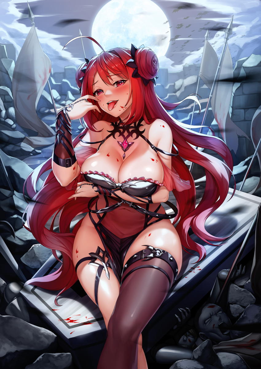 1girls absurdres ahoge bare_shoulders bat belt blood blush bow bridal_gauntlets choker cleavage coffin double_bun erze_(kings_raid) fangs female frills full_moon gloves hair_ornament highres jai_(whany1998) kings_raid large_breasts legs_crossed long_hair looking_at_viewer moon night open_mouth outdoors red_eyes sitting smile solo thighhighs thighlet tongue vampire