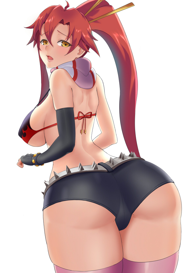 ass big_breasts booty_shorts breasts cleavage female female_only large_breasts looking_at_viewer looking_back panties red_hair short_shorts solo tengen_toppa_gurren_lagann thighhighs vanquice yoko_littner