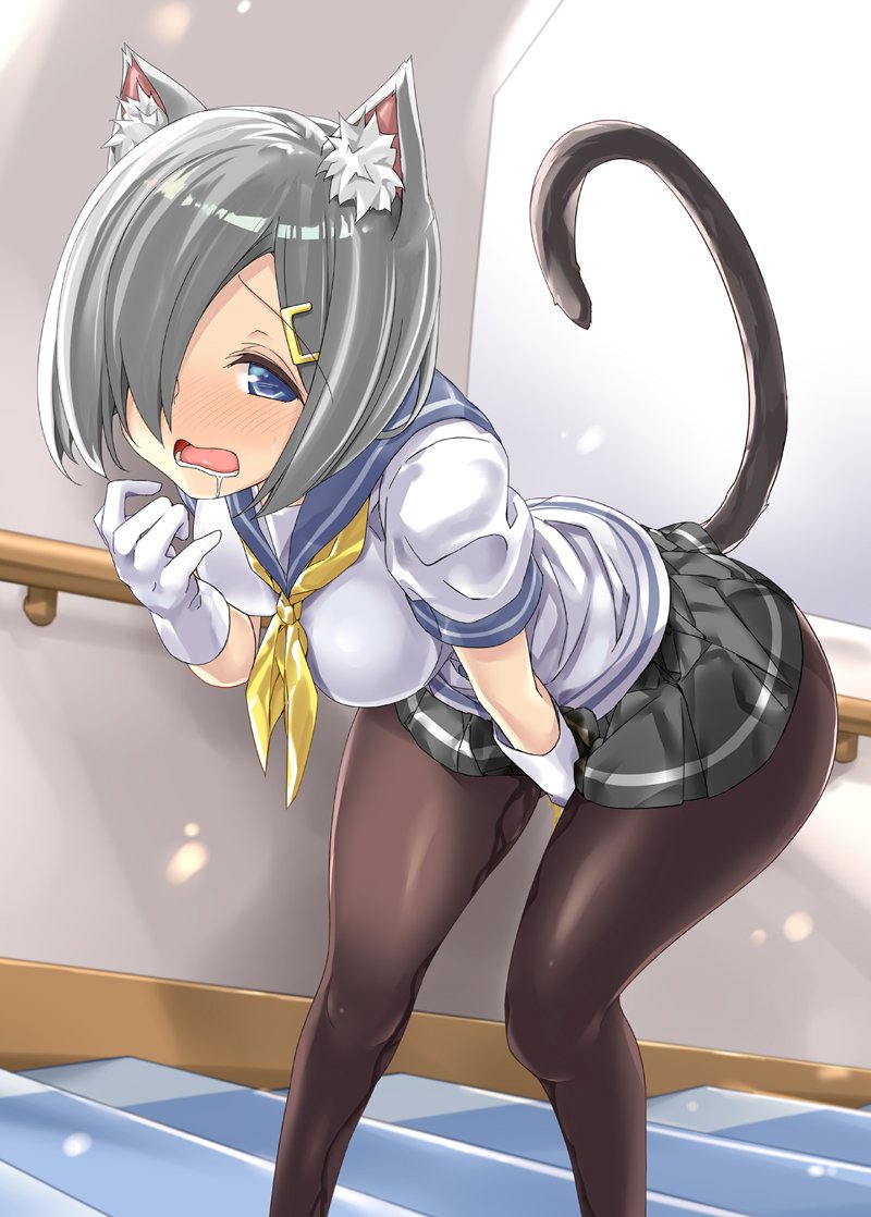 animal_ears blue_eyes blush breasts bulbonne cat_ears cat_tail commentary_request covering covering_crotch drooling female gloves grey_skirt hair_ornament hair_over_one_eye hairclip hamakaze_(kantai_collection) hand_to_own_mouth indoors kantai_collection large_breasts leaning_forward open_mouth pantyhose peeing peeing_self pleated_skirt school_uniform serafuku short_hair short_sleeves silver_hair skirt solo striped striped_skirt tagme tail white_gloves