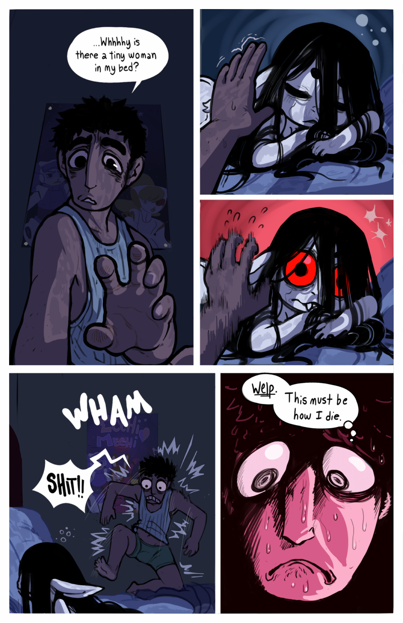 black_hair comic dialogue english_text female hair hellmouth_imp high_resolution human imp male mercury_(artist) morbi nude pale_skin red_eyes scared sound_effects speech_bubble sweat text thought_bubble