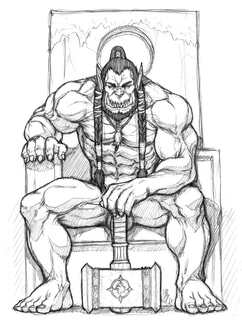 1boy balls barazoku biceps black_and_white chair dreadlocks fangs flaccid hair hammer humanoid jewelry long_hair male male_only monochrome muscular muscular_male necklace nude orc pecs penis pointy_ears ponytail schizoid sharp_teeth solo teeth thrall throne tools warcraft