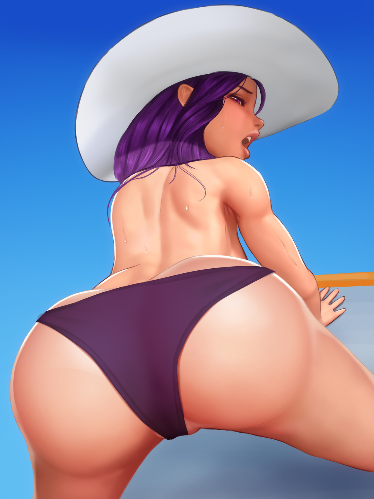 aethosart, alternate costume, ass, bikini, caitlyn kiramman, female, female only, league of legends, looking at viewer, looking back, panties, pool party caitlyn, pool party series, purple hair, solo, sweat, topless