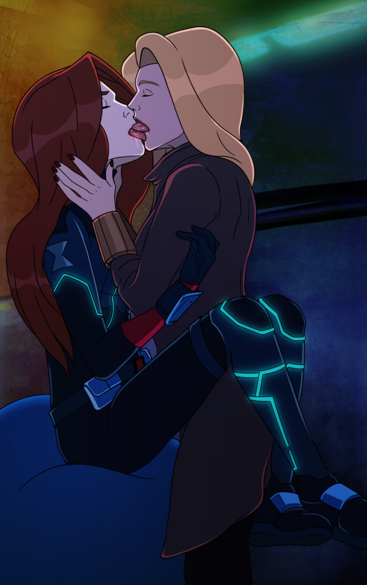 2girls avengers avengers_assemble black_widow_(marvel) blonde_hair bodysuit closed_eyes clothed_sex elmrtev female female_only french_kiss human human_only light-skinned_female light_skin marvel multiple_girls natasha_romanoff red_hair tight_clothing tongue yelena_belova yuri