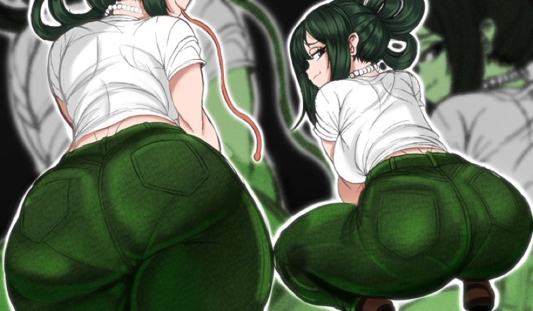 adult tsuyu, alternate version available, ass, ass focus, big ass, boku no hero academia, butt focus, color, colored, fat ass, green hair, green pants, huge ass, jeans, kwalker1009, large ass, looking at viewer, looking back, looking back at viewer, my hero academia, my hero academia (finale), post-timeskip, round ass, smiling, smiling at viewer, squatting, sticking out tongue, tongue out, tsuyu asui, underwear outline, wide hips, wide thighs