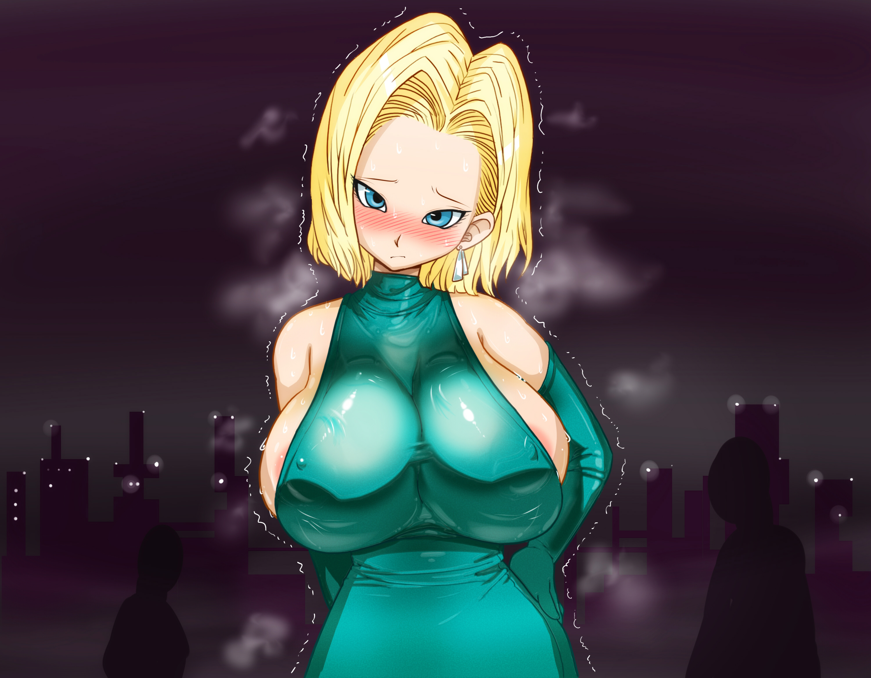 1girls, android 18, areola slip, areolae, basara, blonde hair, blue eyes, breasts, dragon ball, erect nipples, erect nipples under clothes, female, female only, huge breasts, nipple bulge, nipples, short hair, shounen jump, sideboob, solo, solo female