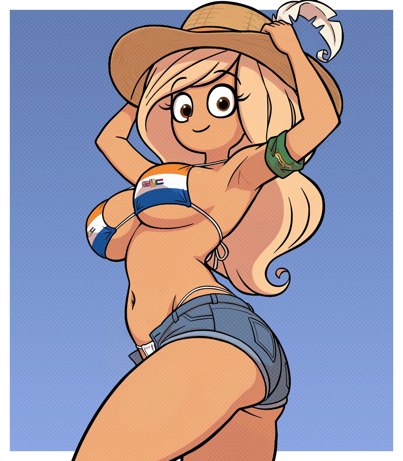 1girls, ass, ass focus, belly, bikini, bikini visible through clothes, blonde hair, blue background, broistgruen, brown eyes, coco schoppenboer, eyebrows visible through hair, eyelashes, feathered hat, flag bikini, hat, holding hat, jean shorts, large ass, large breasts, long hair, ongezellig, open fly, pinup, posing, smiling at viewer, south african flag, straw hat, thick female