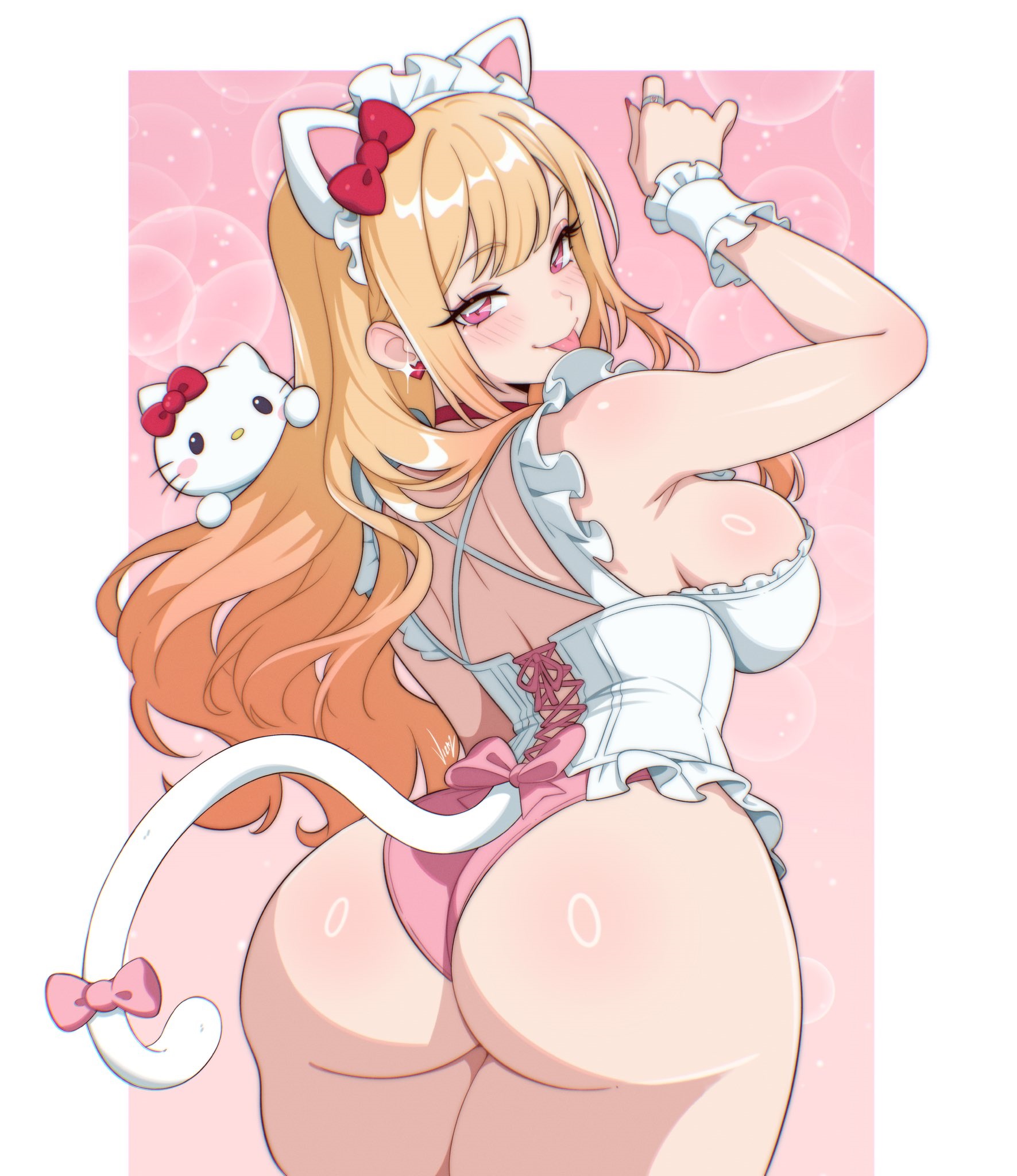 :p, 1girl, ass, ass focus, blonde hair, blush, bow, breasts, commentary, ear piercing, earrings, english commentary, from behind, hello kitty, hello kitty (character), highres, huge ass, jewelry, kitagawa marin, long hair, looking at viewer, looking back, piercing, red eyes, sanrio, smile, solo, sono bisque doll wa koi wo suru, thick thighs, thighs, tongue, tongue out, vizaz