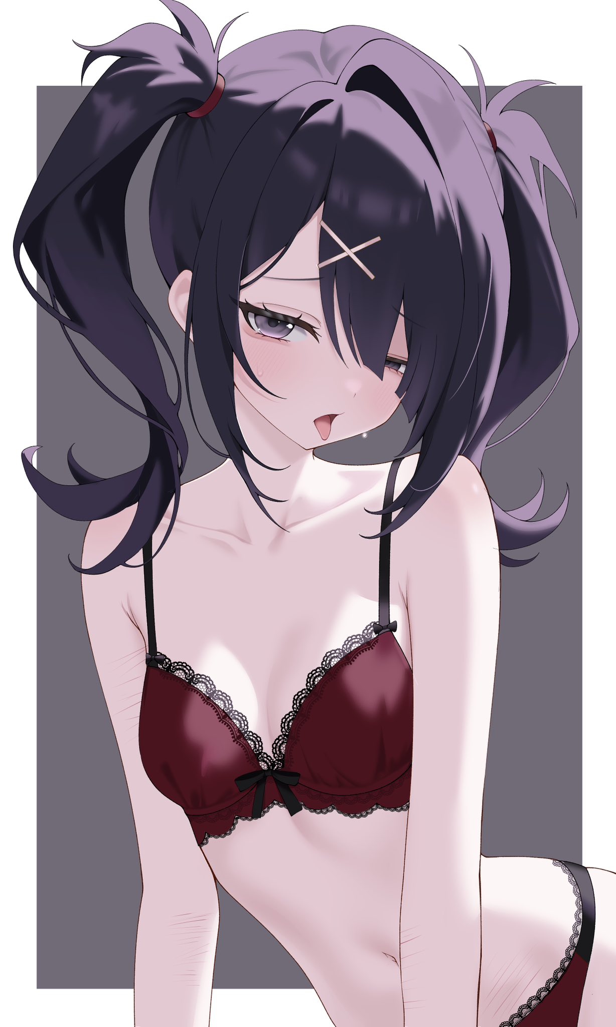 ame-chan (needy girl overdose), aroused, black trim, blush, bra, frills, hips, in heat, inami (x spidekawaii x), lace trim, lingerie, narrow waist, naughty face, needy girl overdose, needy streamer overload, open mouth, red bra, saliva, small breasts, tongue out
