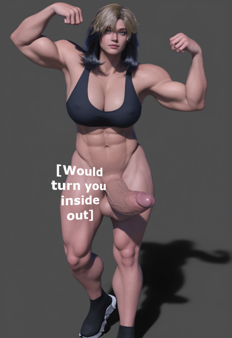 3d, abs, blue eyes, dyed hair, erection, flexing, futa only, futanari, hdregrets, huge cock, large breasts, large penis, muscular, muscular futa, sneakers, sports bra, sportswear